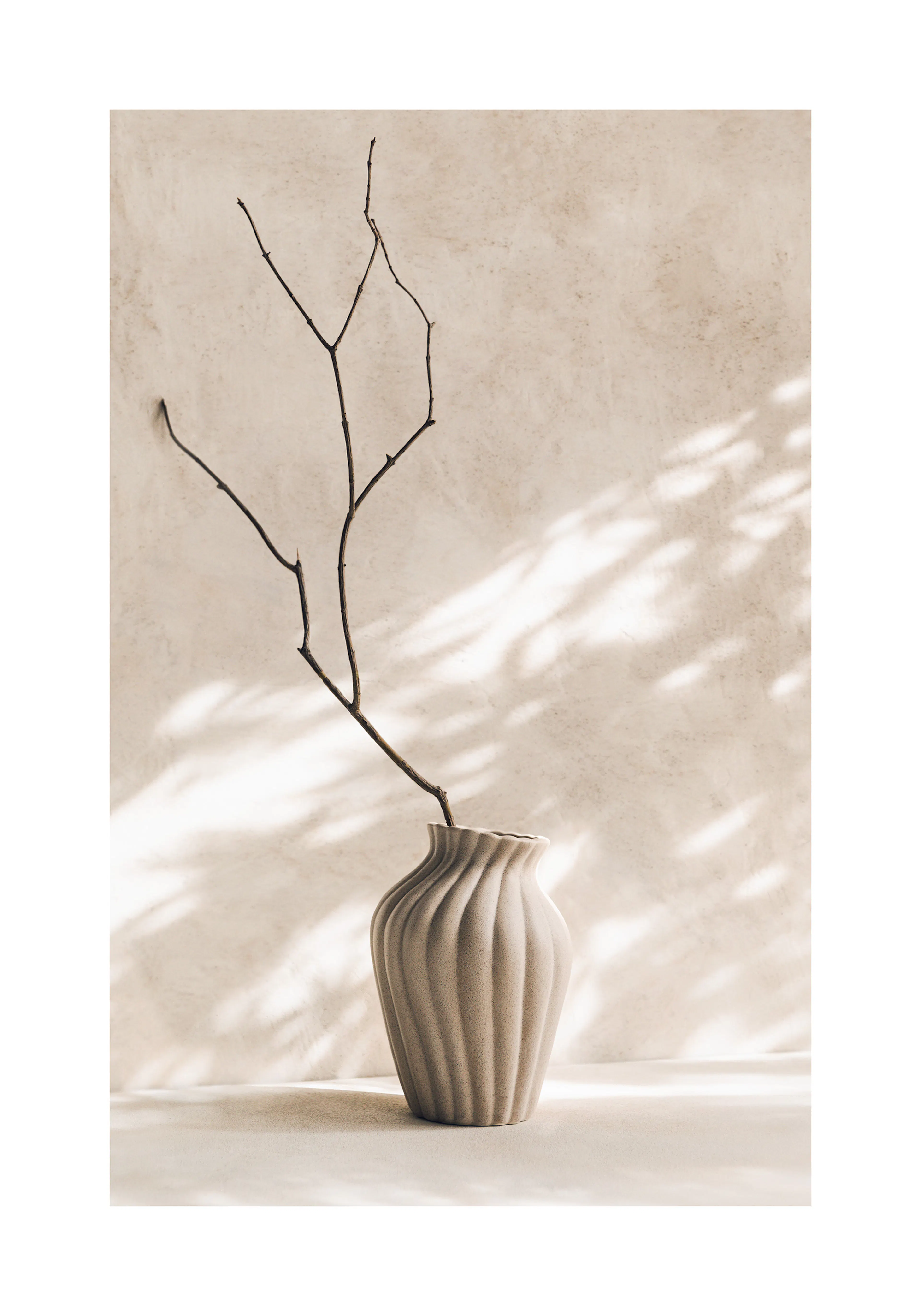 Beige maljakko, jossa oksa, auringonsäteet valaisevat beigen taustan. Kodikas ja rauhallinen tunnelma.