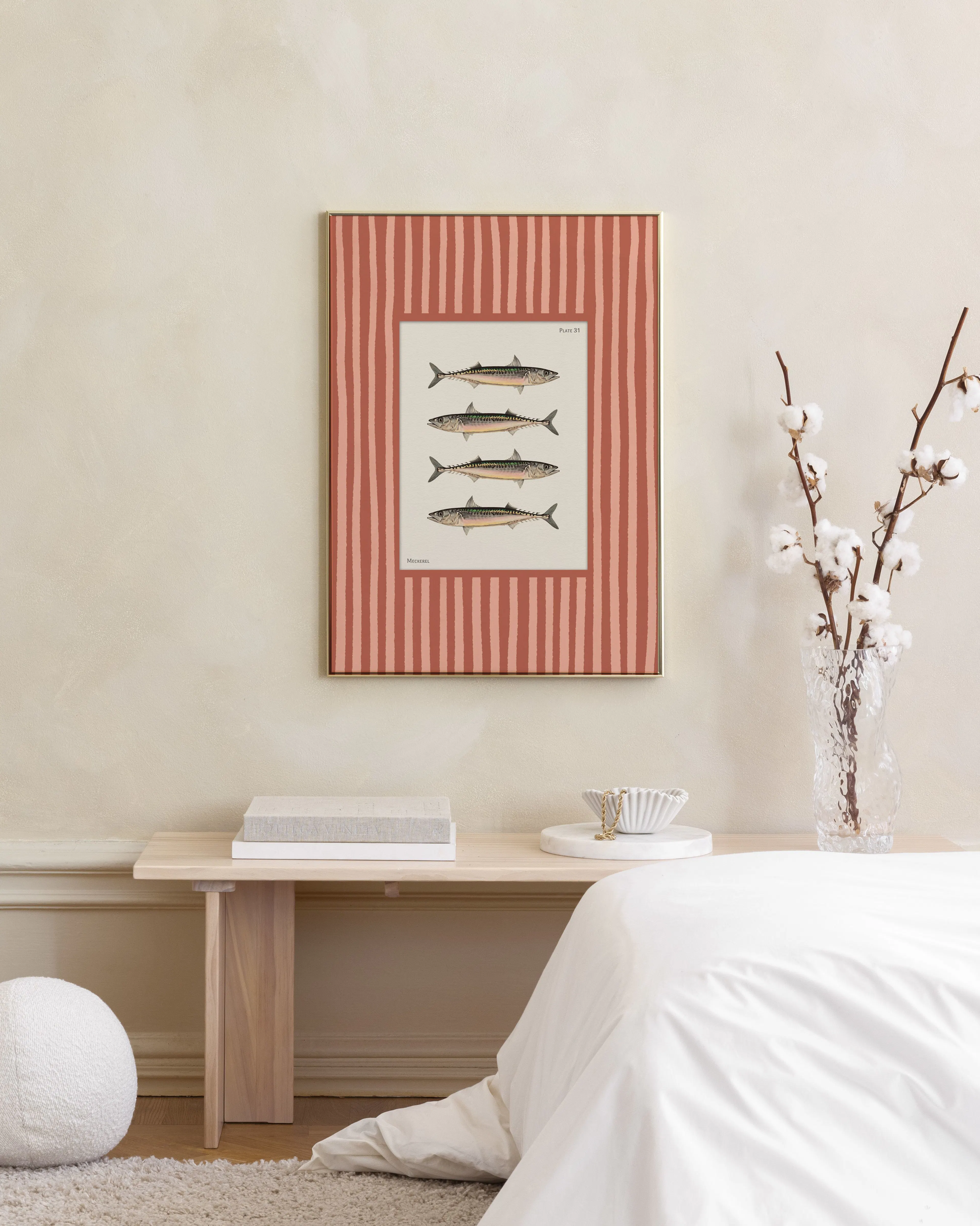 Vintage Mackerel, Arte Vintage con Illustrazione di Sgombro su Sfondo Beige