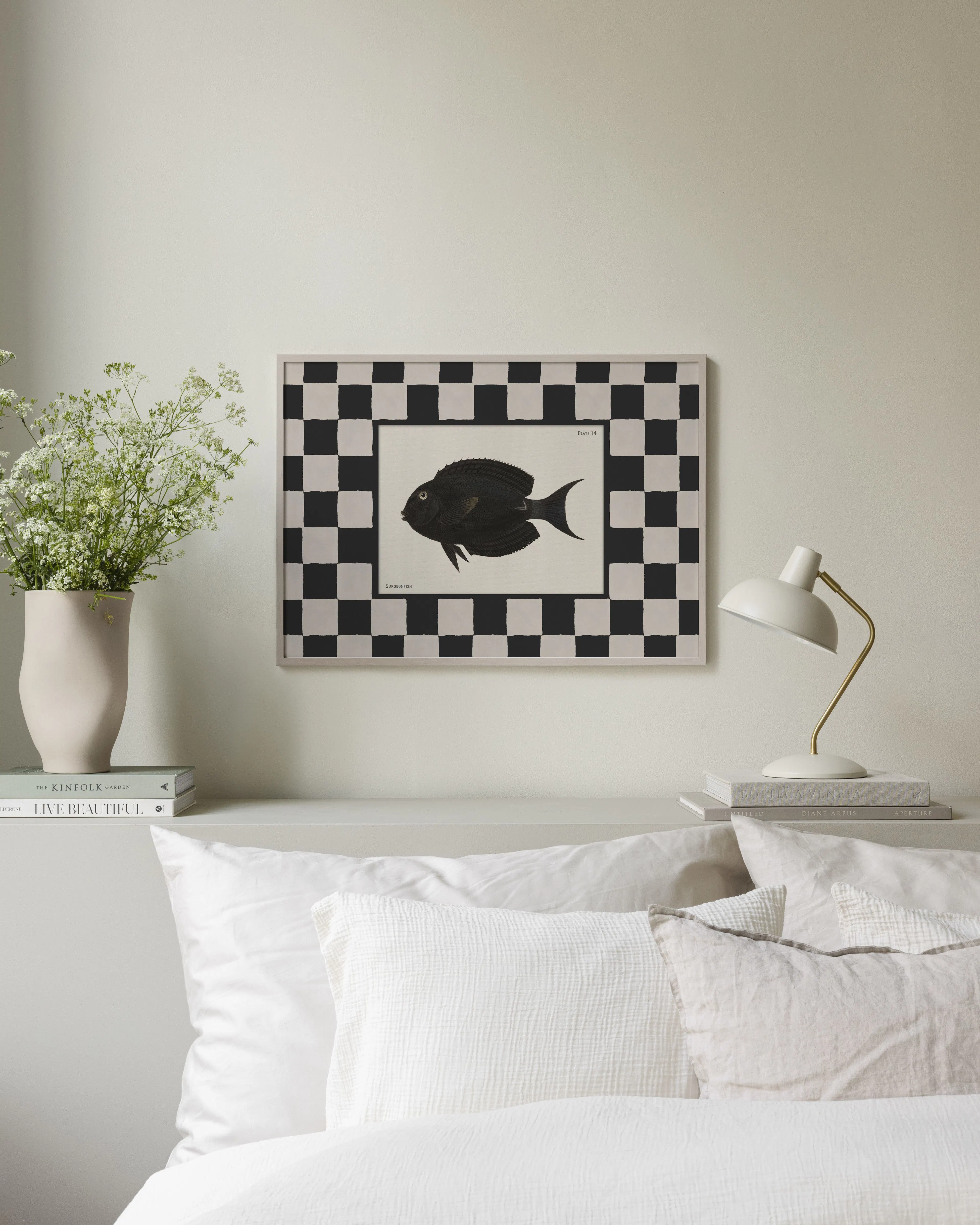 Vintage Surgeonfish, Stampa Vintage Pesce Chirurgo con Bordo a Scacchi