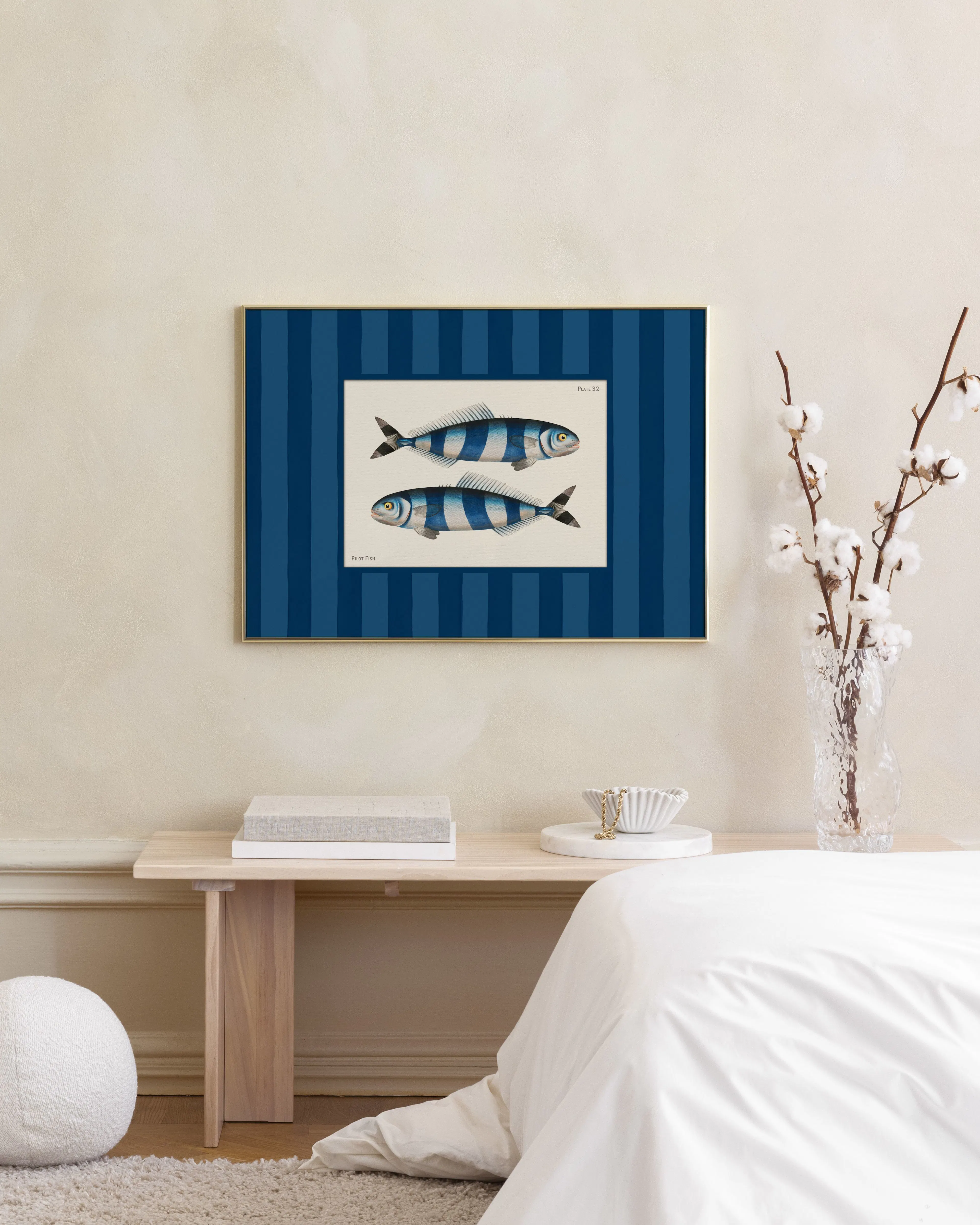 Vintage Pilot Fish, Retro ilustrácia morských rýb s modrými prúžkami