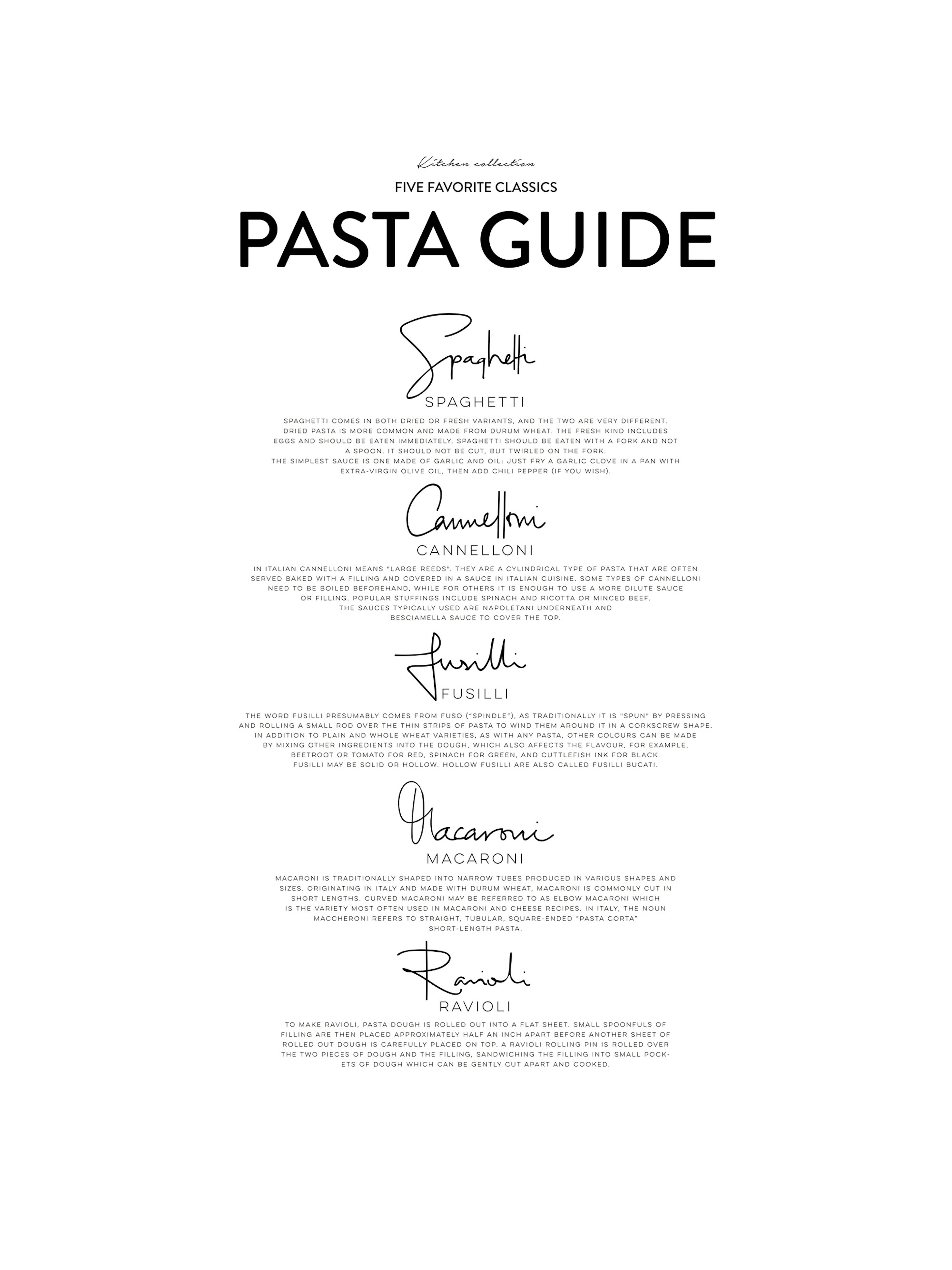 Affiche noir et blanc minimaliste avec le texte Pasta Guide et la typographie des noms de pâtes comme Spaghetti, Cannelloni, Fus