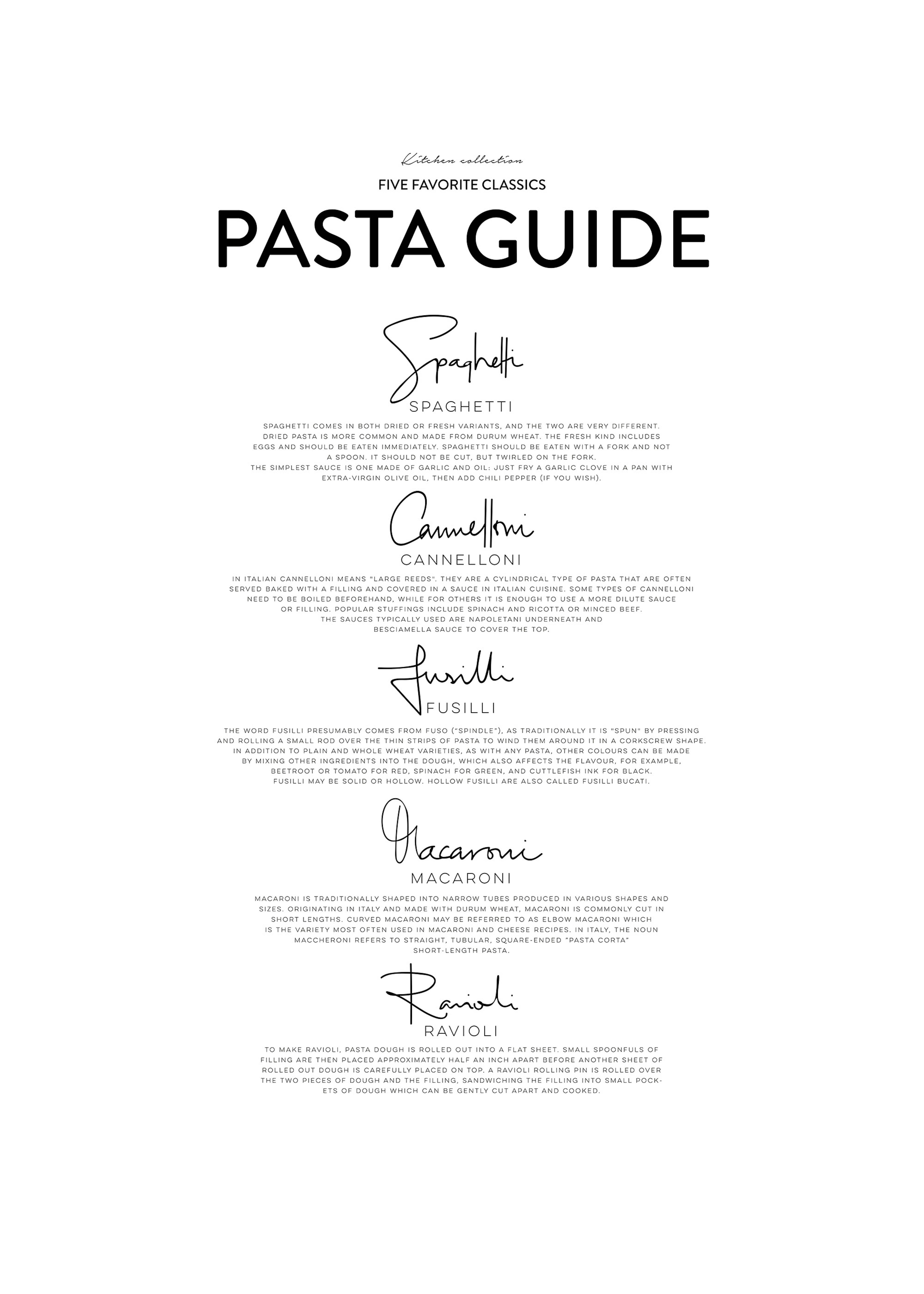 Black and white kitchen poster featuring a Pasta Guide with descriptions of spaghetti, cannelloni, fusilli, macaroni, and raviol
