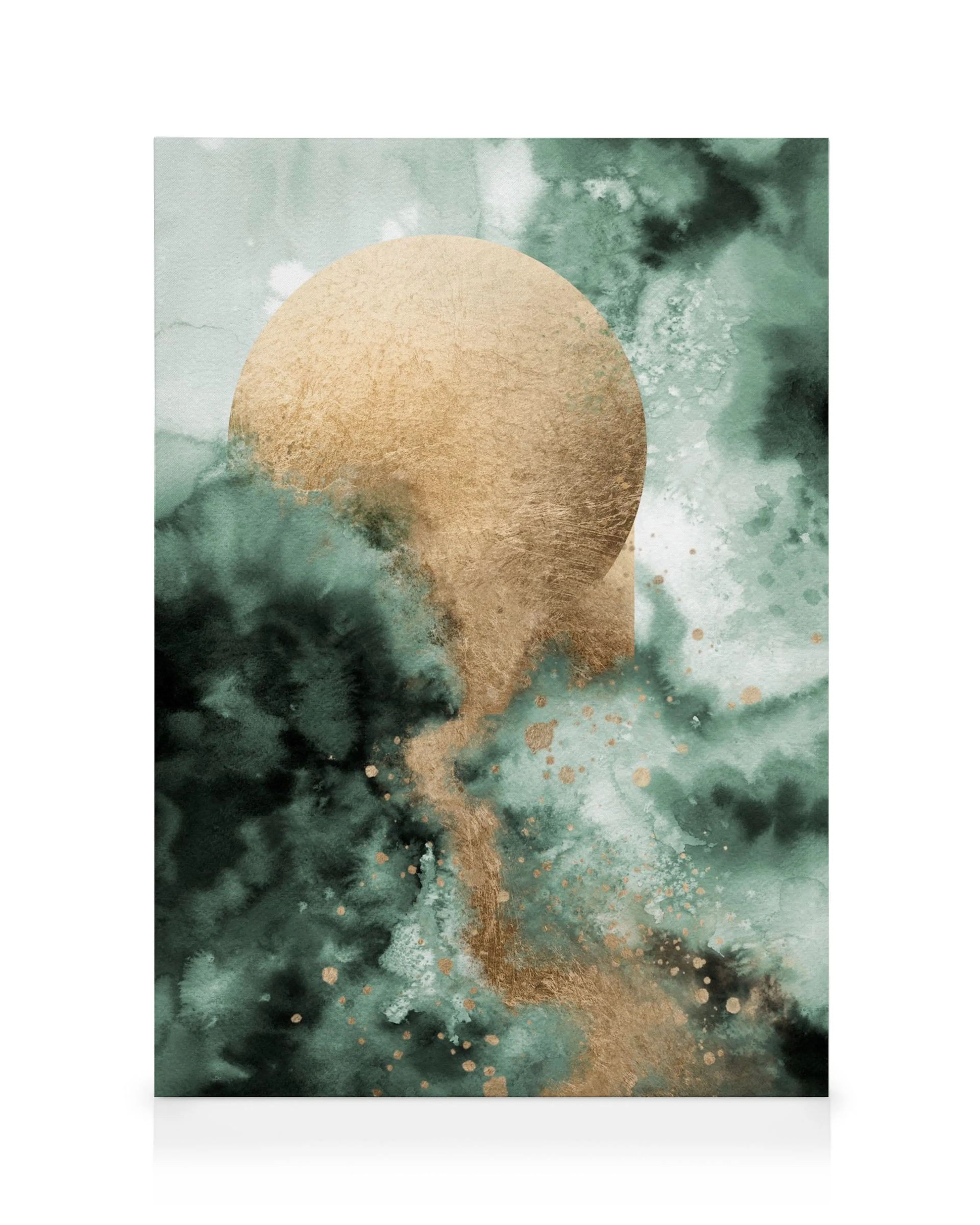 Golden circle canvas print with beige circle over blended green, black, and orange watercolour textures.