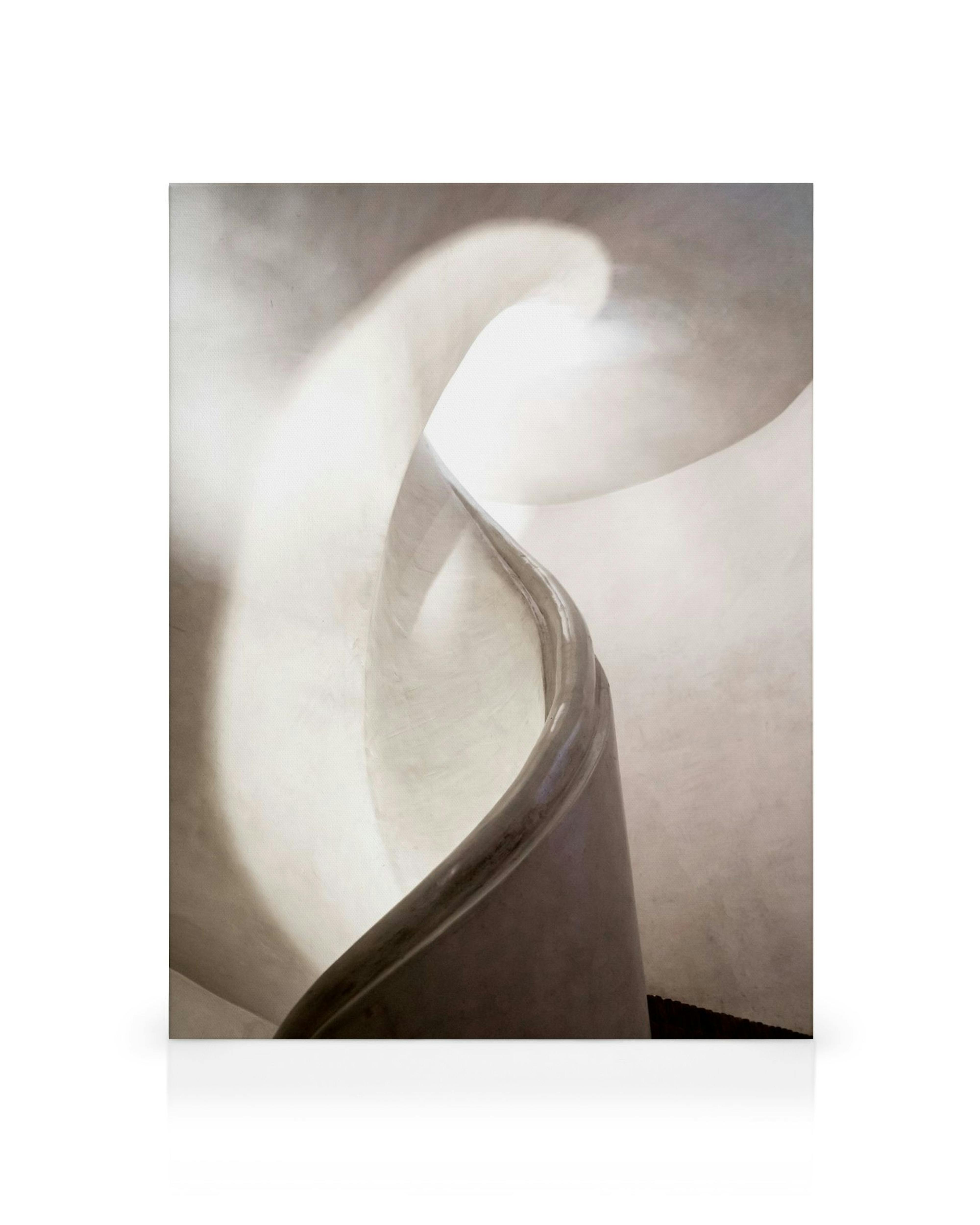 Toile dun escalier courbé avec main courante brillante et murs blancs, lumière créant ombres et reflets, design moderne