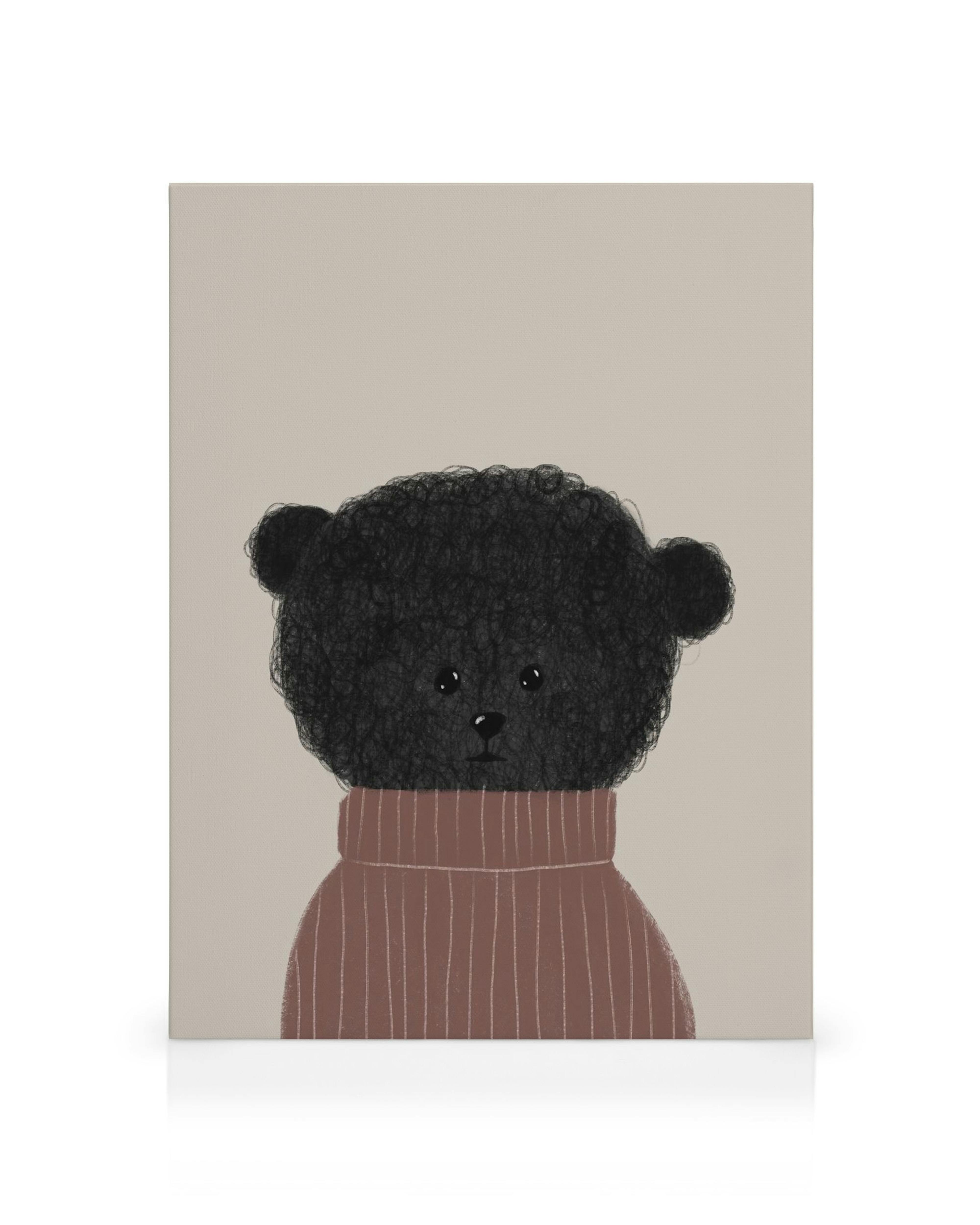 Obraz na płótnie: teksturowana ilustracja czarnego niedźwiedzia w czerwono-brązowym golfie na beżowym tle, idealna do pokoju dzi