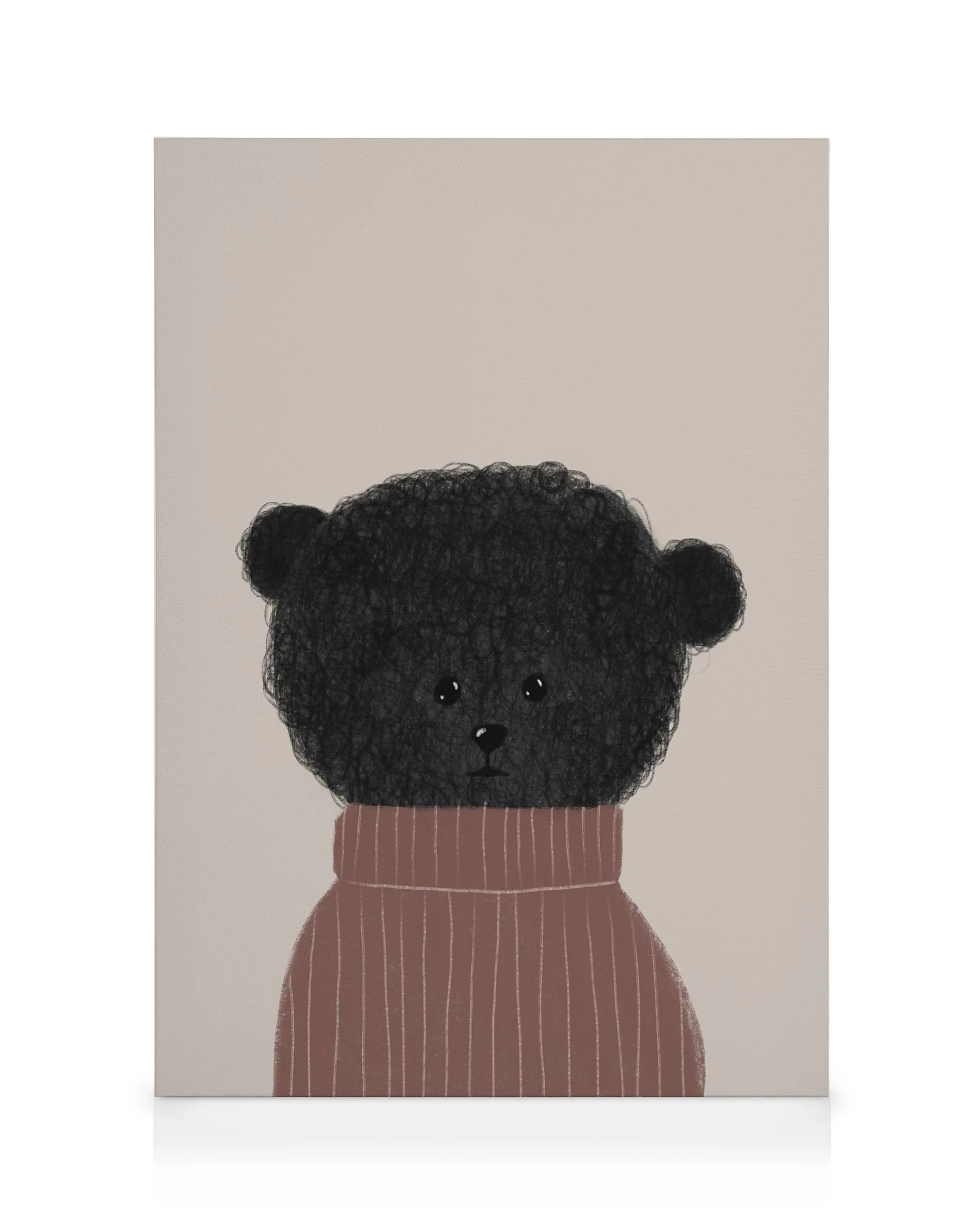 Plutten canvas print of a black bear head in a reddish-brown turtleneck on a light beige background.