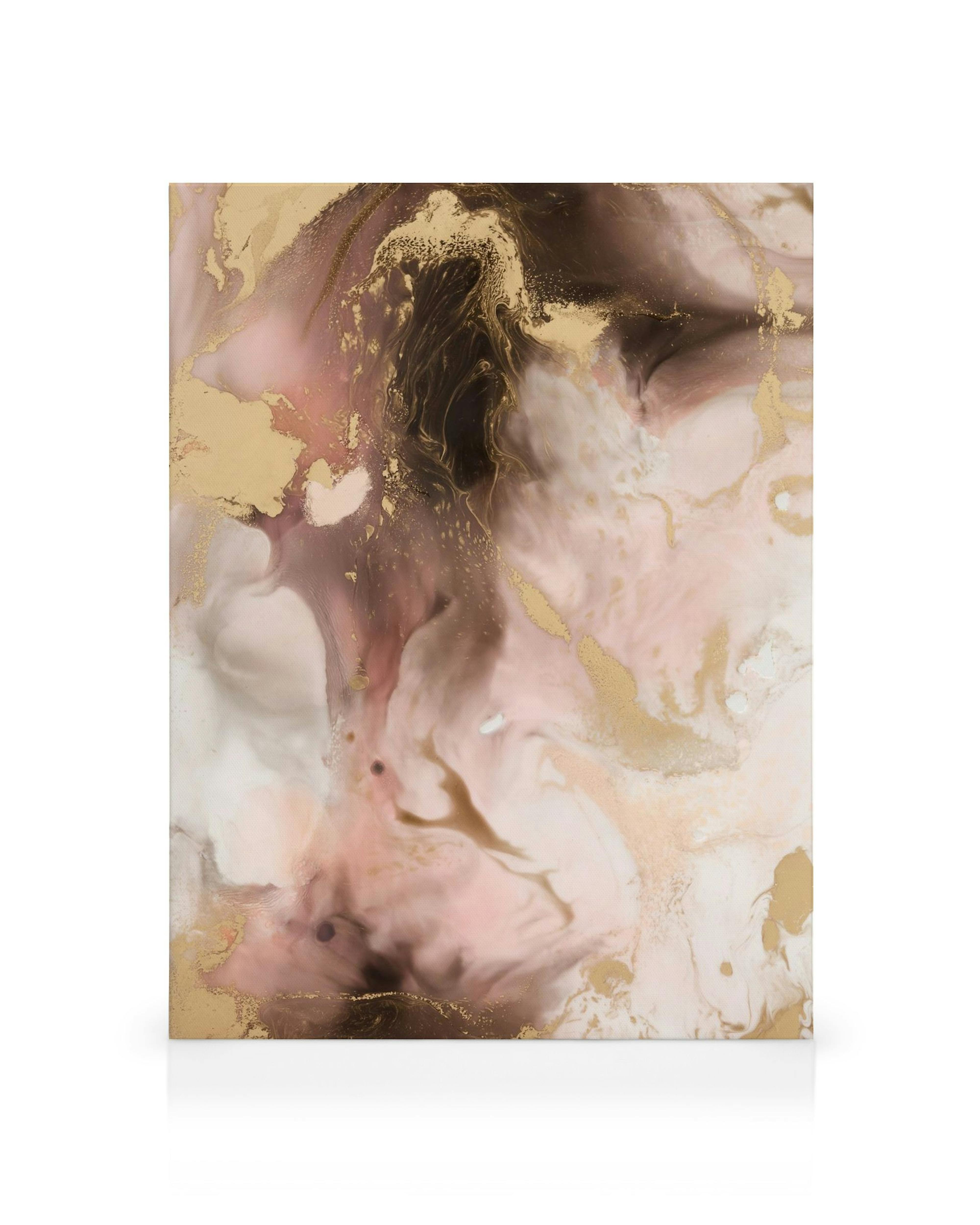 Abstract pink, gold, white, and brown swirling canvas print with a fluid, marble-like design.