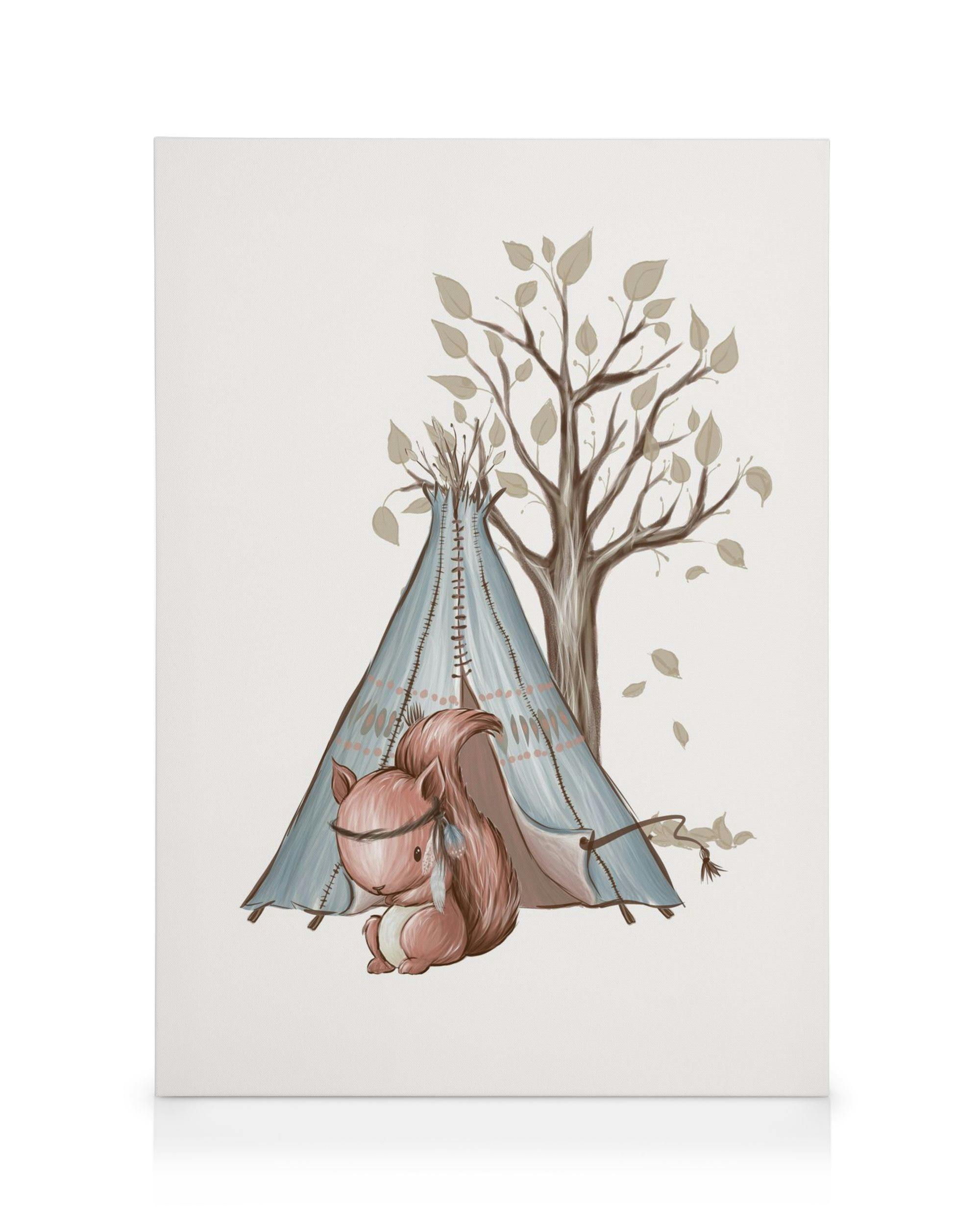 Σκίουρος με ινδιάνικη σκηνή και δέντρο, παιδική εικονογράφηση σε καμβά