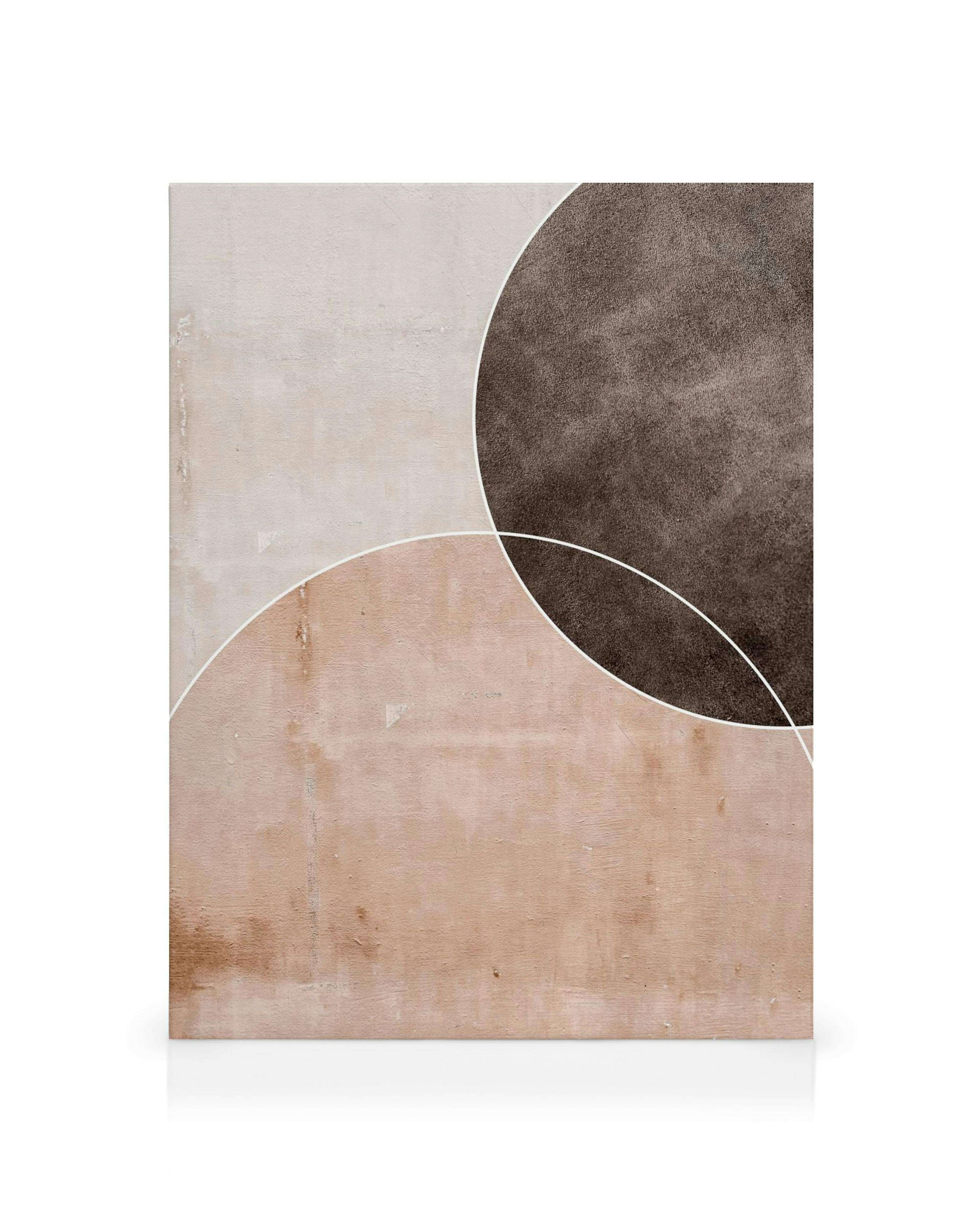 Leinwandbild mit abstraktem Muster. Helles Beige, dunkles Braun und Pfirsich mit weißen Bogenlinien.
