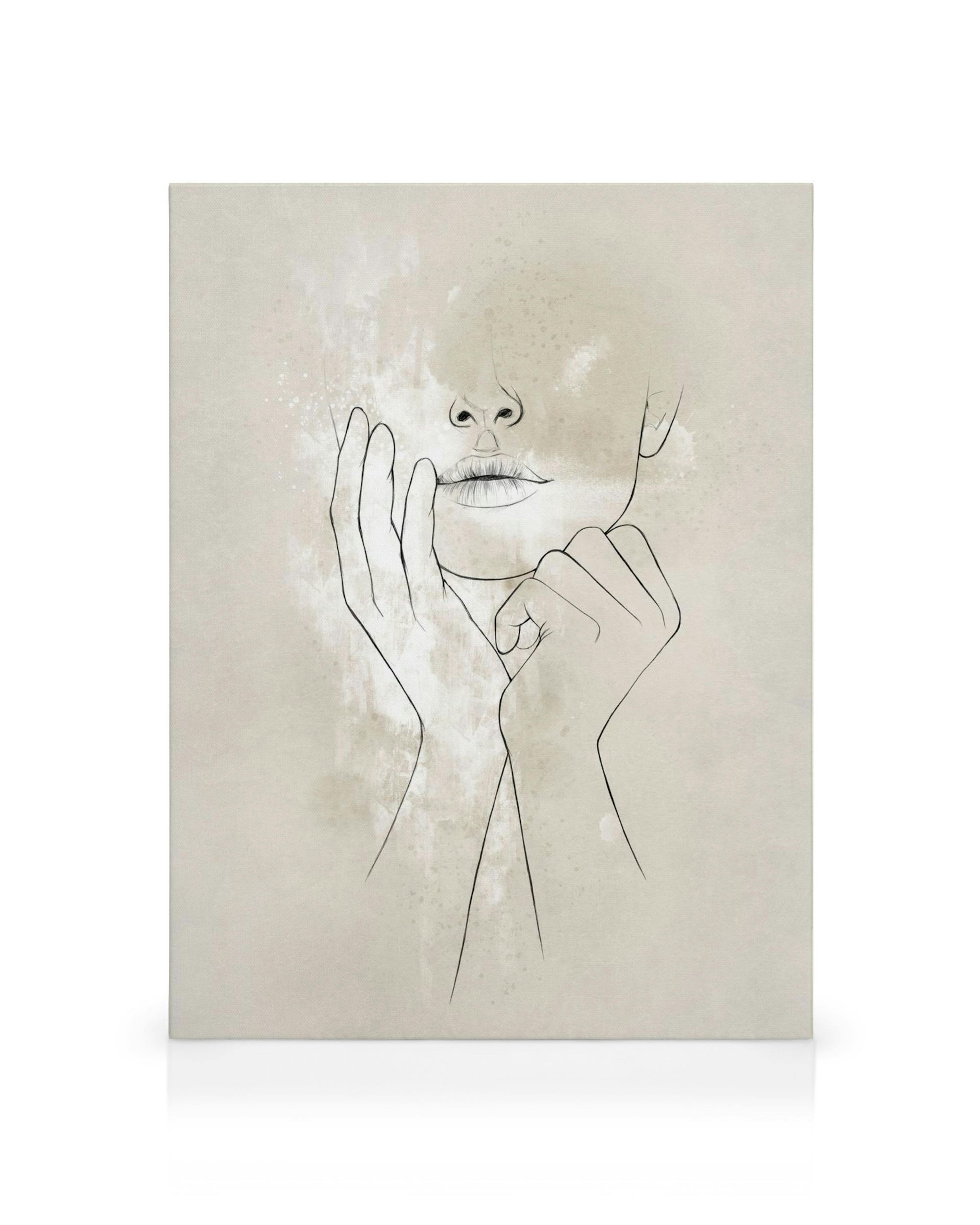 Toile minimaliste visage femme et mains, lignes noires sur fond beige, art moderne