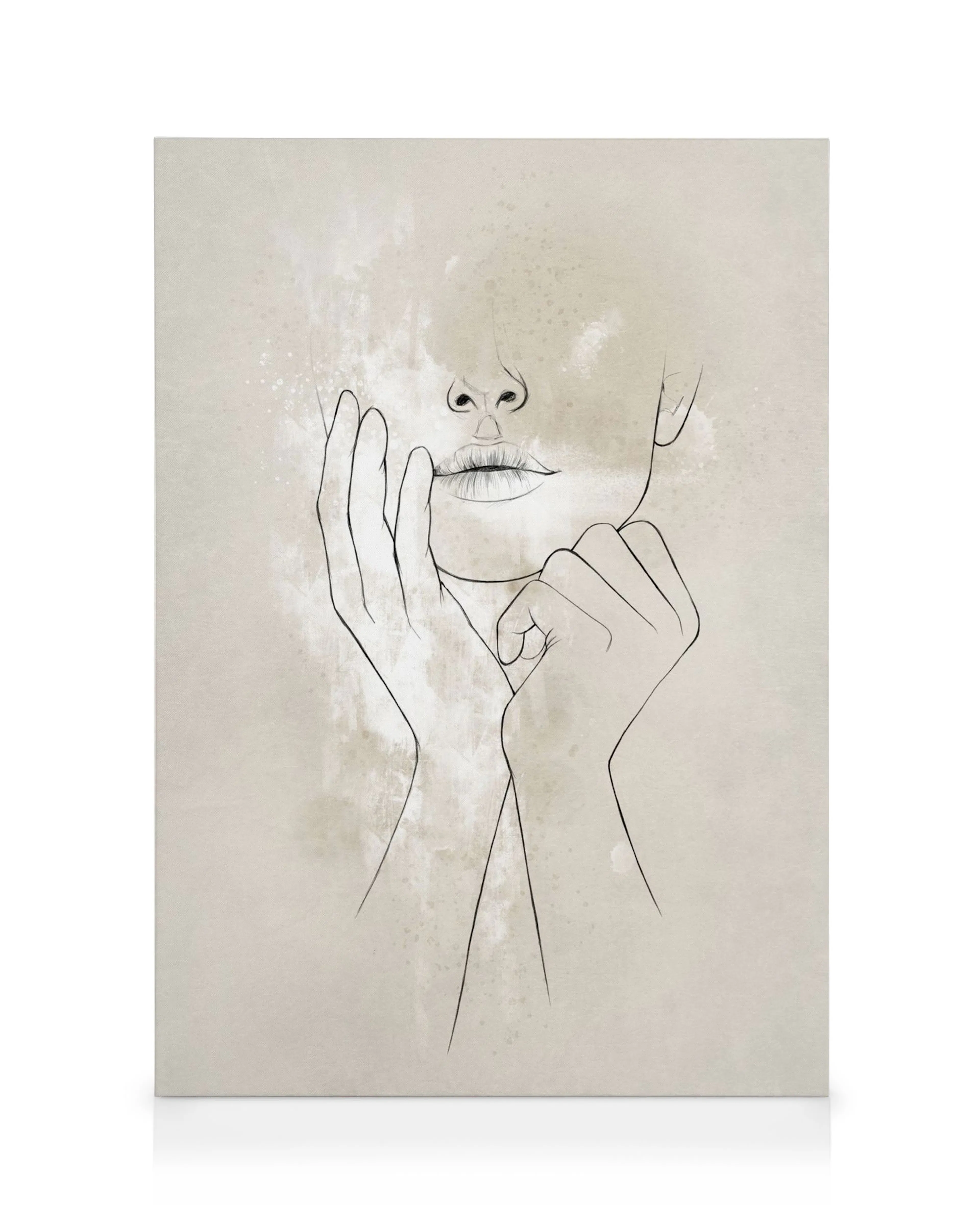 Female face and hands line art canvas print in black and white on a beige background.