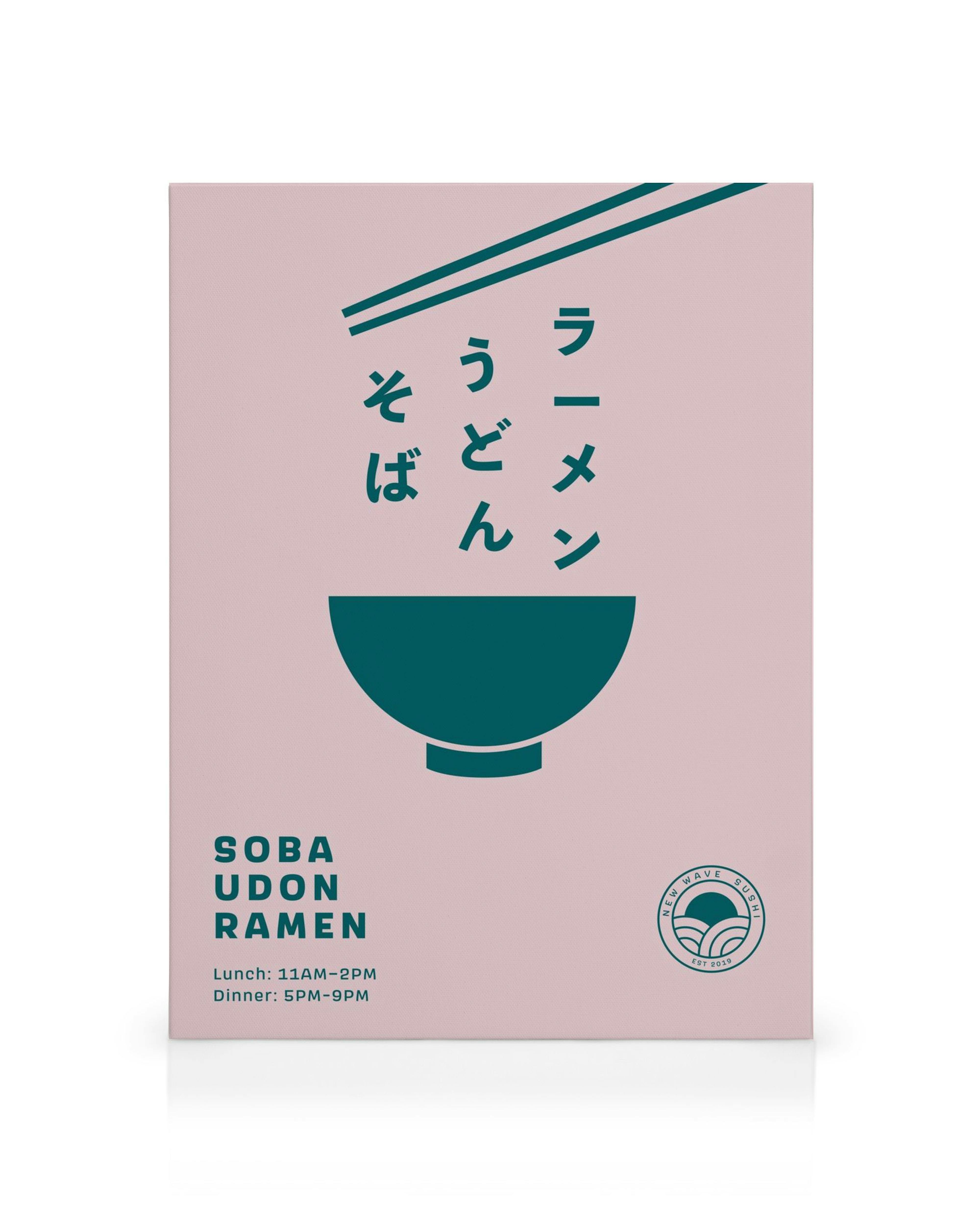 Lærred med japansk design og spisepindemotiv. Tekst: soba, udon, ramen, med frokost/aftensmadstider.