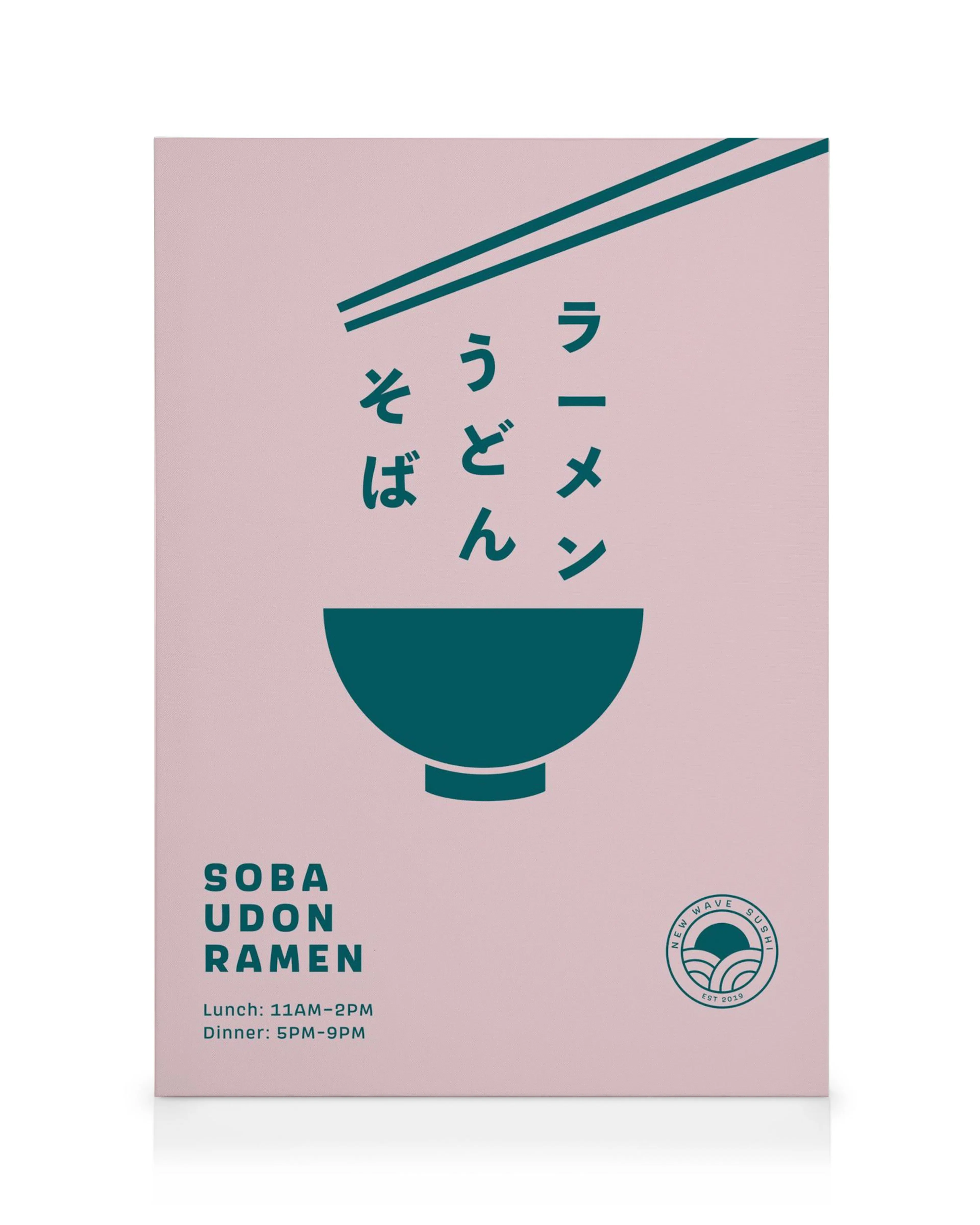 Rosafarbene Leinwand mit japanischen Nudelschalen-Motiv, grünen Essstäbchen und japanischen Schriftzeichen.