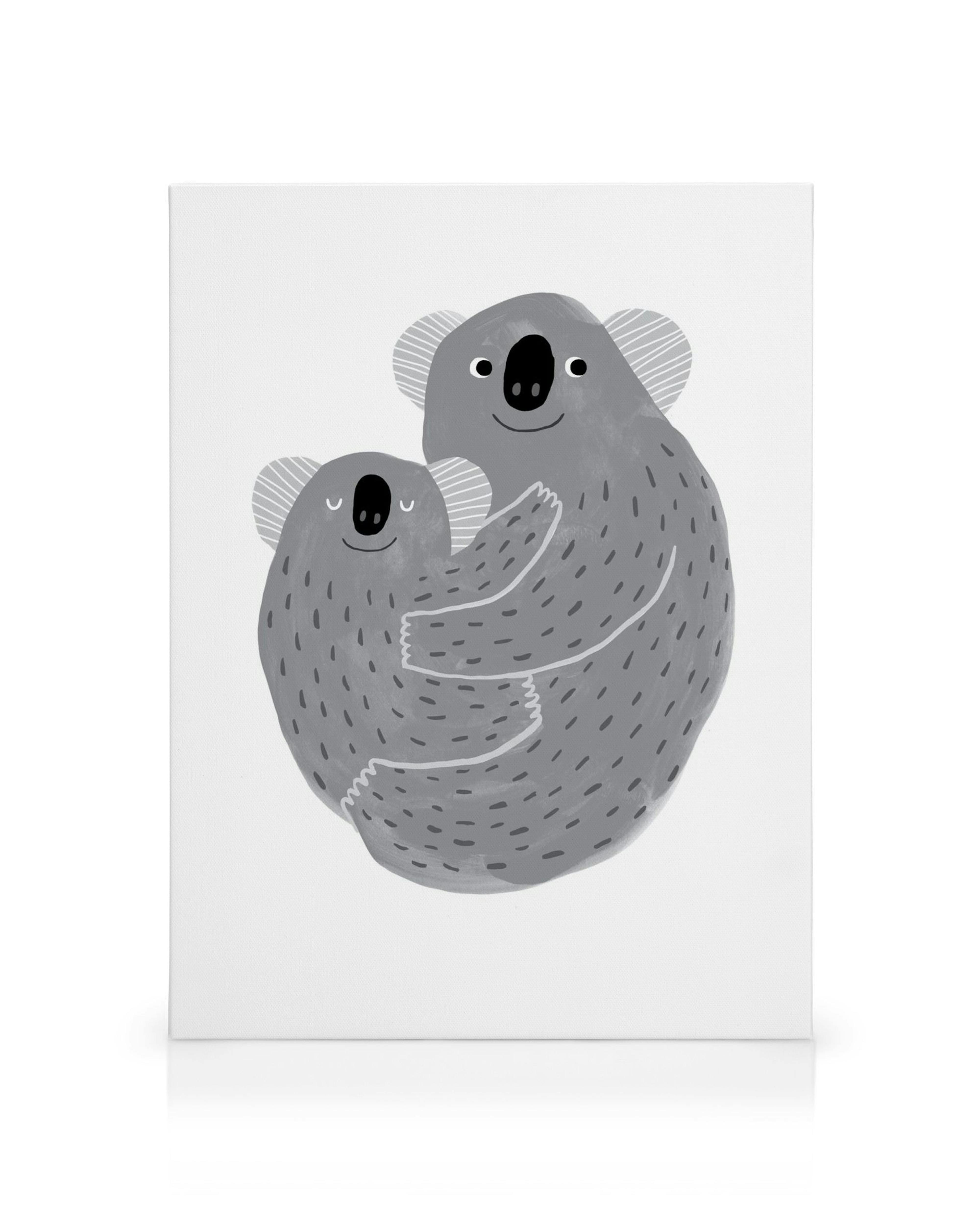 Toile de deux koalas gris se serrant dans les bras, style dessin animé doux