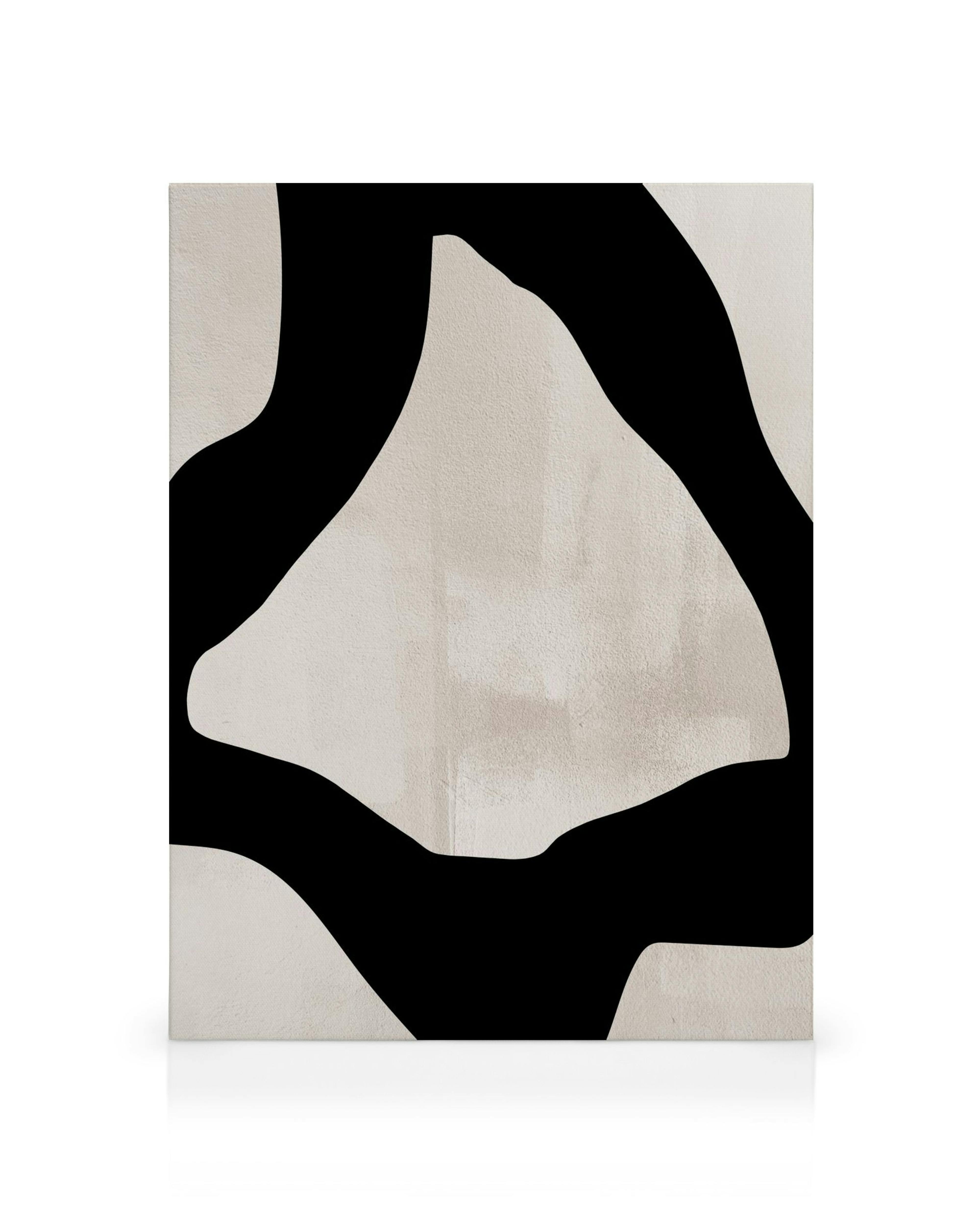 Toile abstraite avec forme noire irrégulière et bords incurvés sur fond beige, typographie moderne Art Graphique No2.