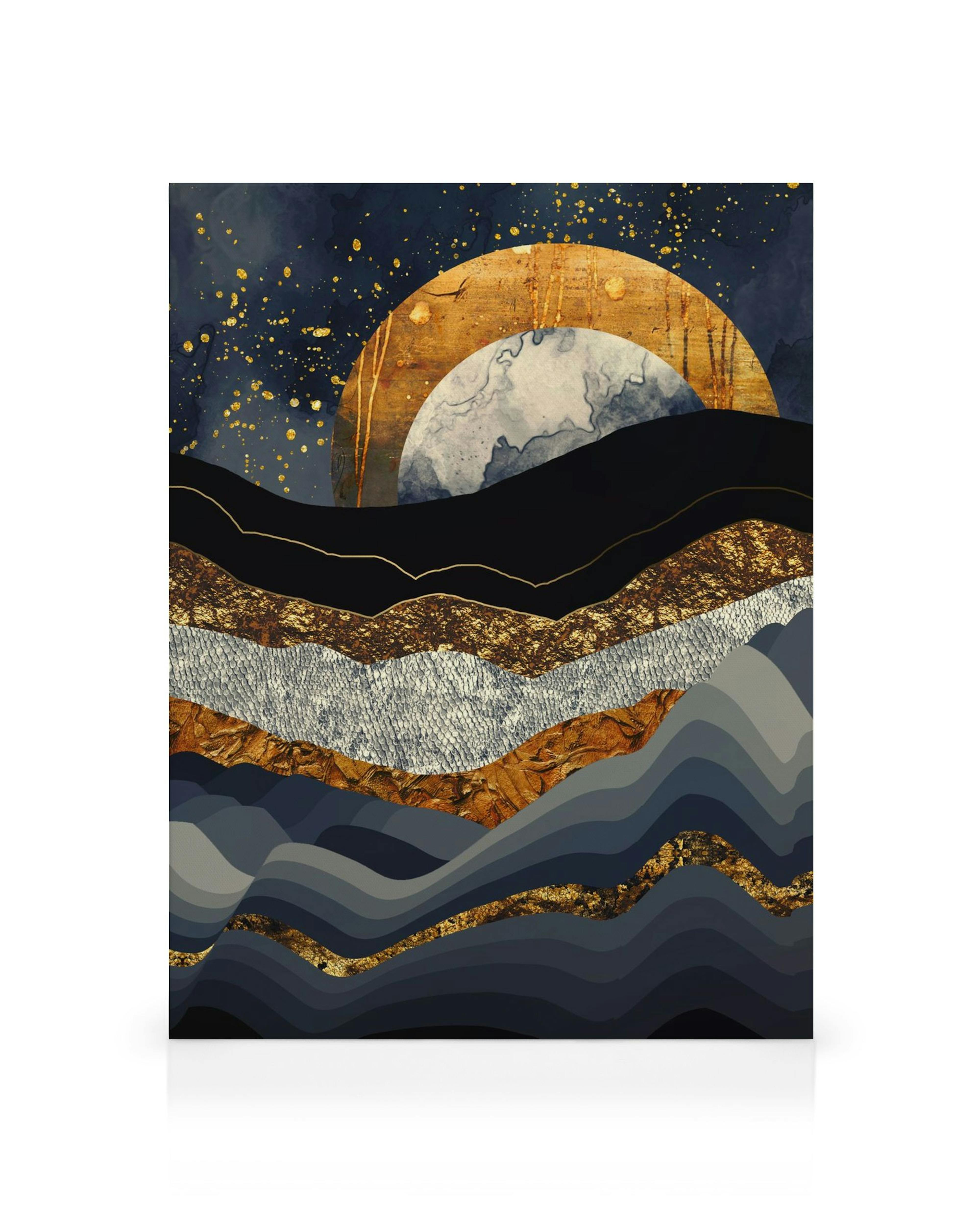 Metallic Mountains canvas print with golden moon over abstract landscape in brown, black, and gold tones. Mystic wall art.