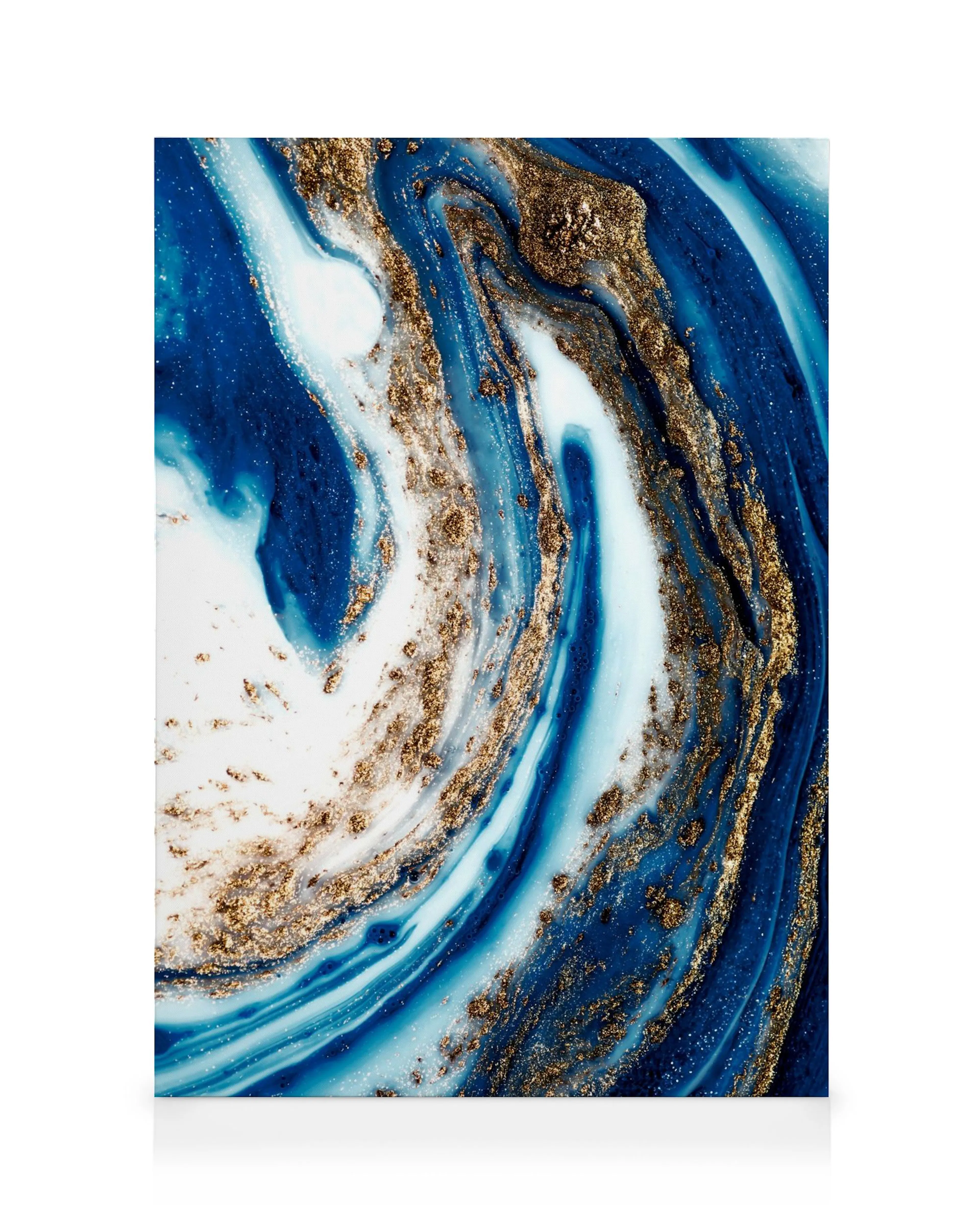 Modrý a zlatý vír, abstraktní malba s třpytivými zlatými prvky na bílém a modrém pozadí.