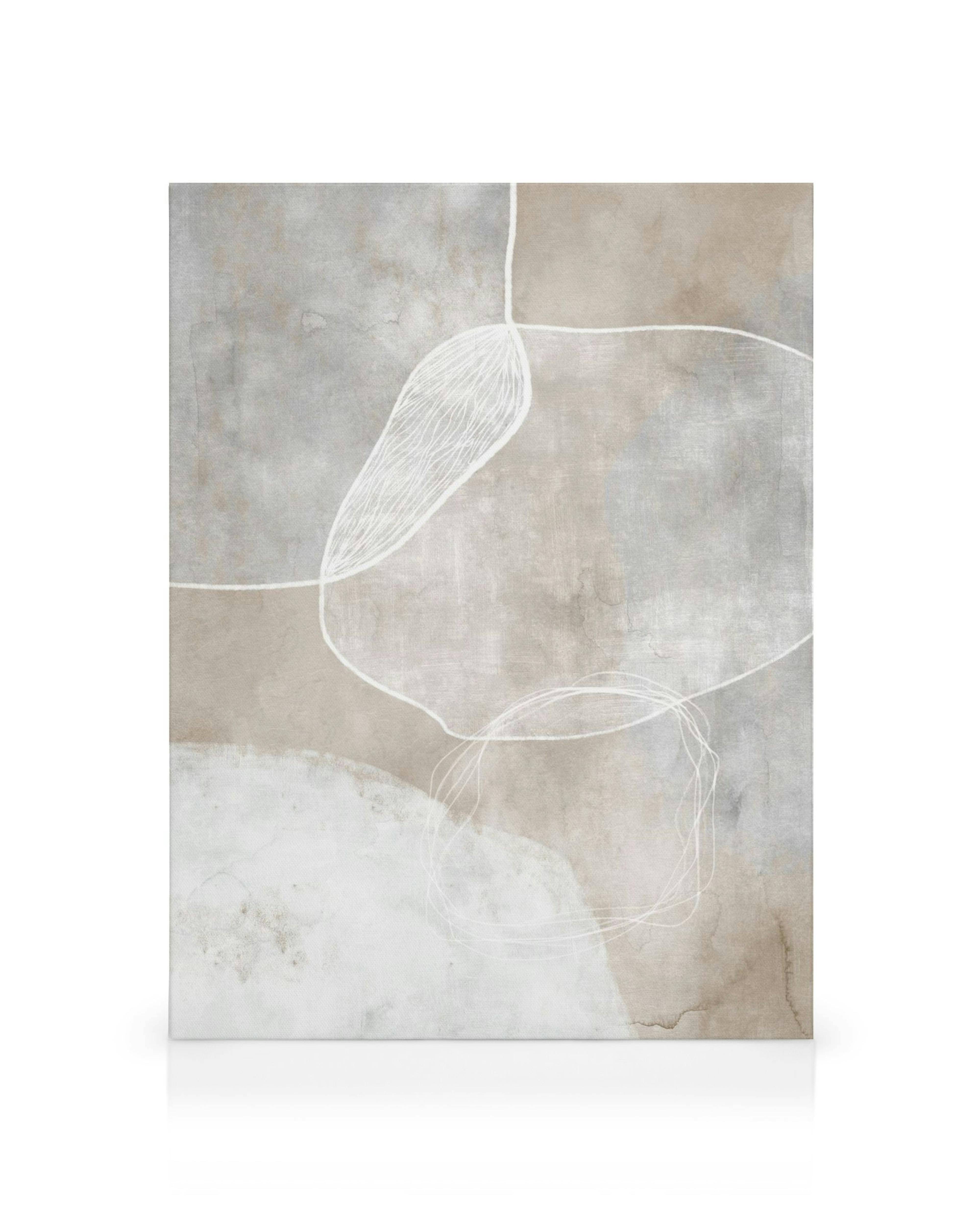 Affiche abstraite avec une forme de feuille organique et des lignes blanches sur un fond beige et bleu texturé. Toile dart moder