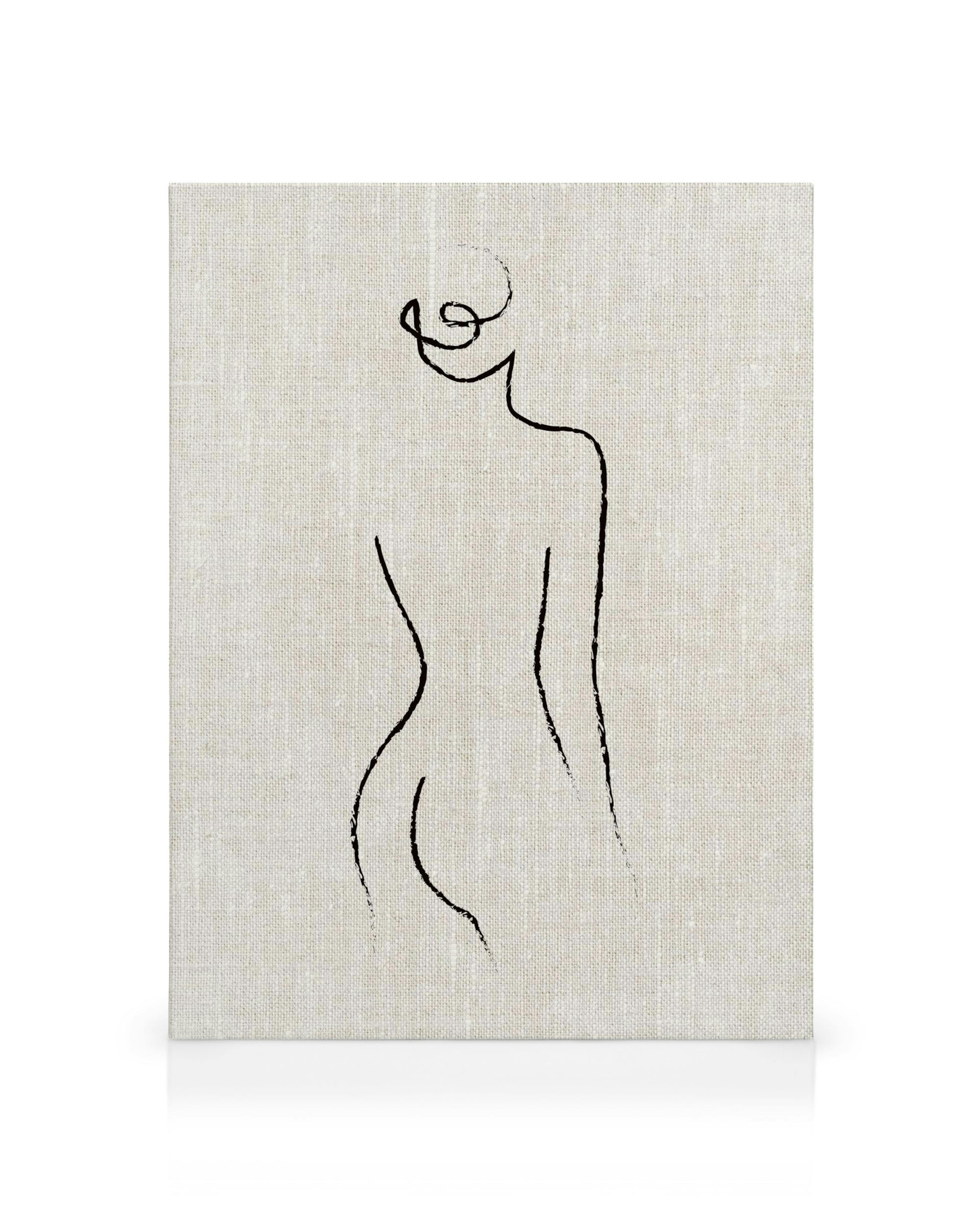 Toile minimaliste avec dessin au trait noir dune figure nue sur fond texturé blanc cassé, œuvre dart, typographie