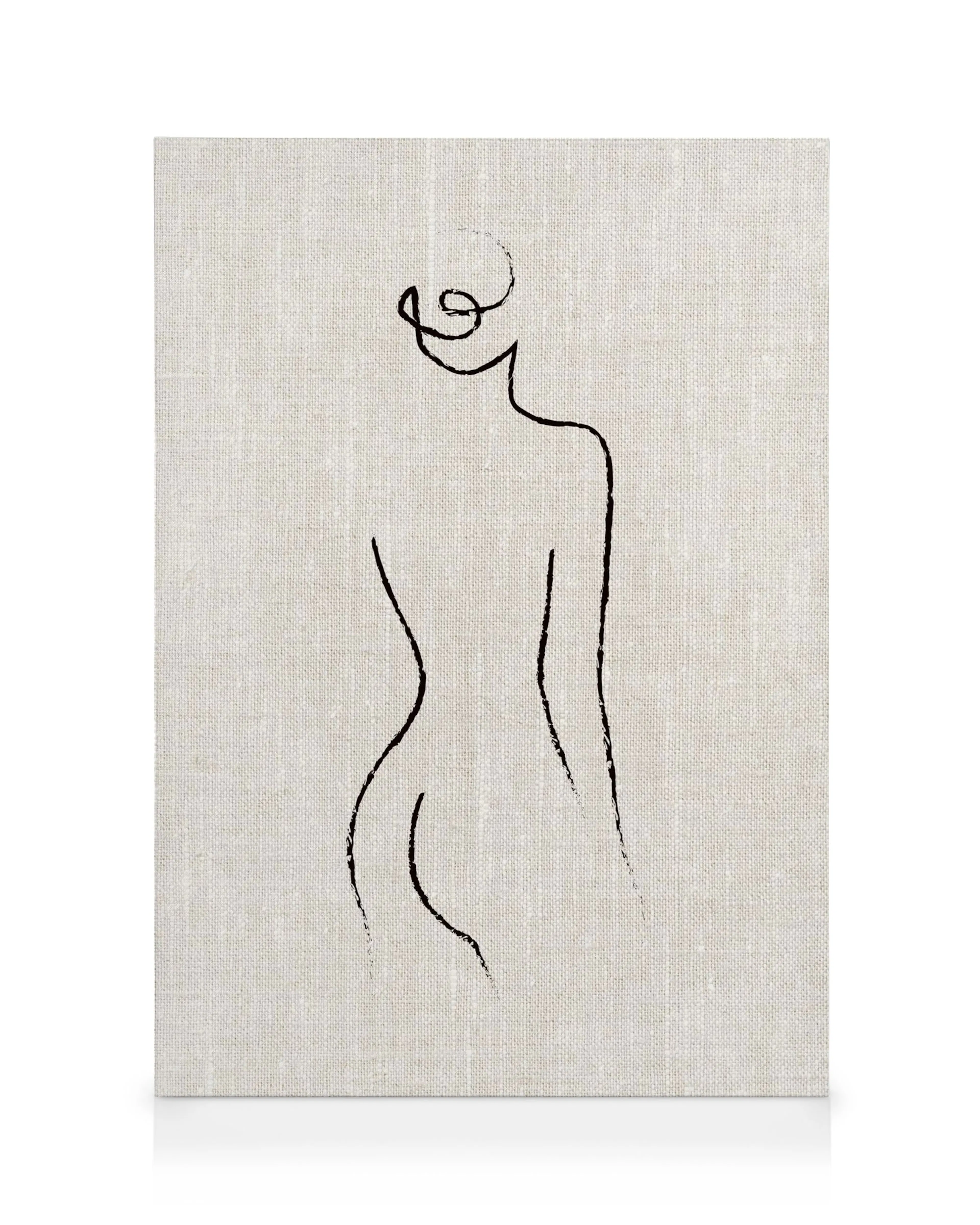 Stilisierte weibliche Aktzeichnung auf Leinwand, schwarze Linie auf hellem Strukturgewebe, Kunstwerk Körperlinien.