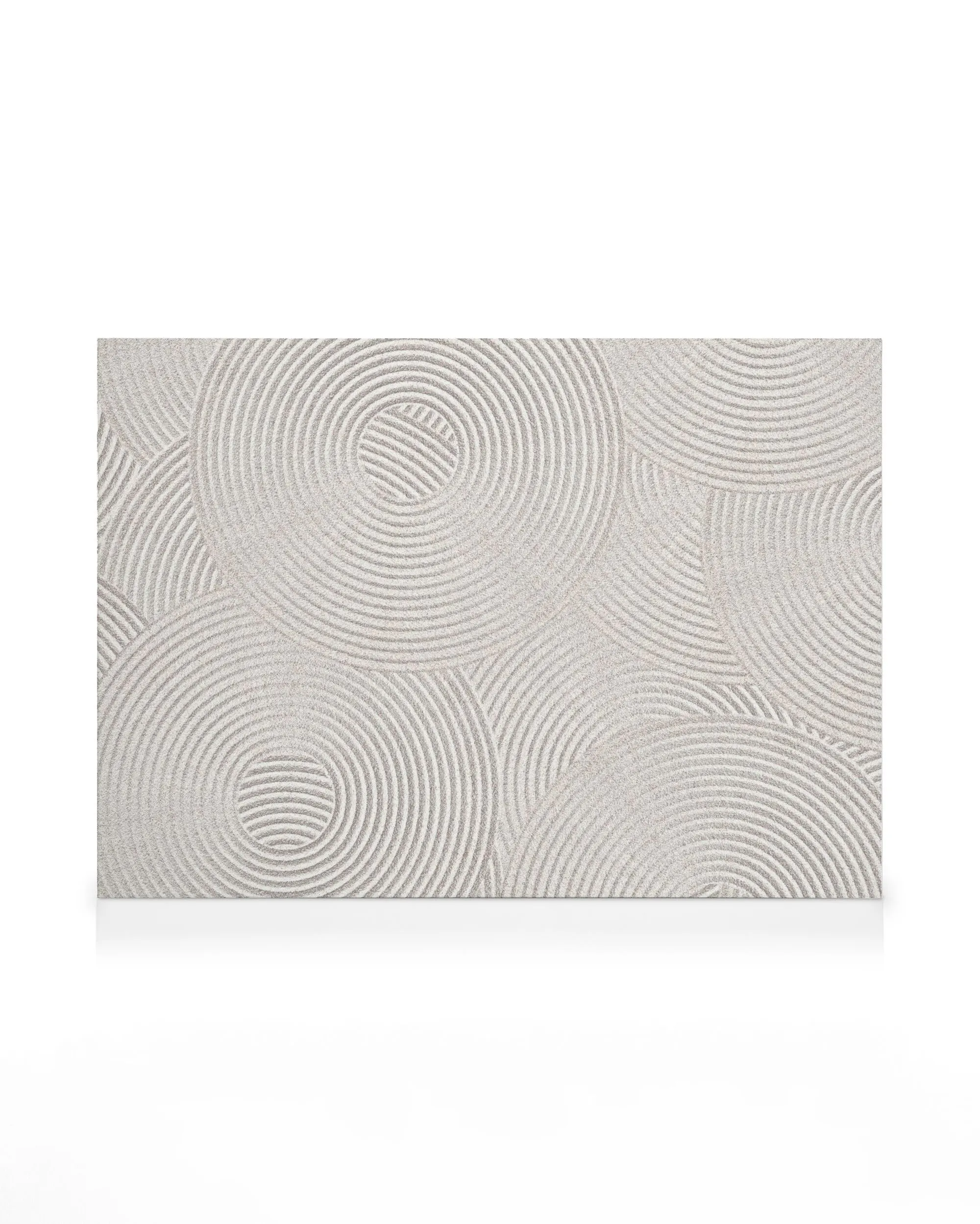 Quadro em tela com círculos concêntricos elevados em tons de cinza claro, sobre fundo branco, estilo Zen, arte abstrata