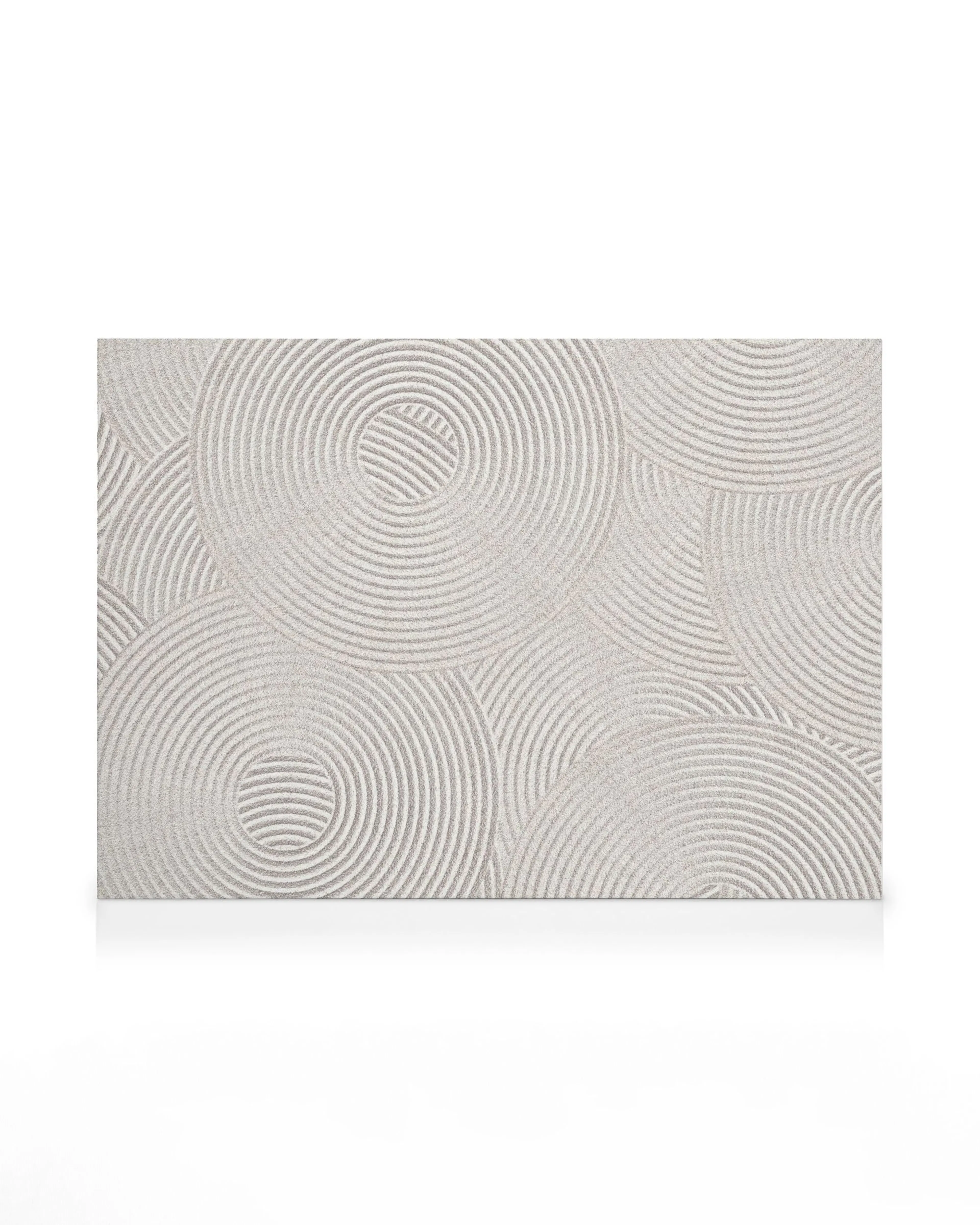 Quadro em tela com círculos concêntricos elevados em tons de cinza claro, sobre fundo branco, estilo Zen, arte abstrata