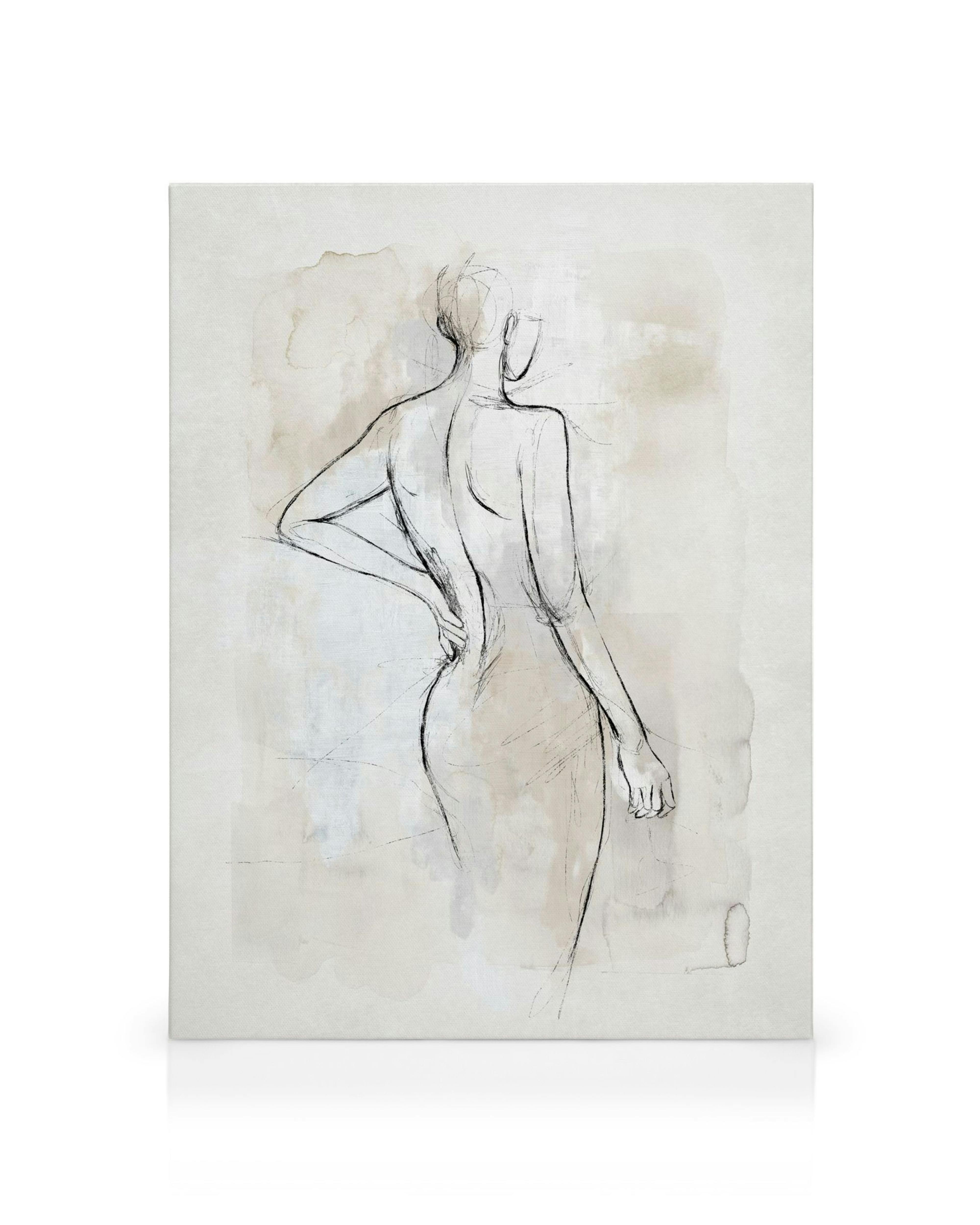 Toile avec illustration dune personne de dos avec typographie noire sur fond beige, taches grises et brunes
