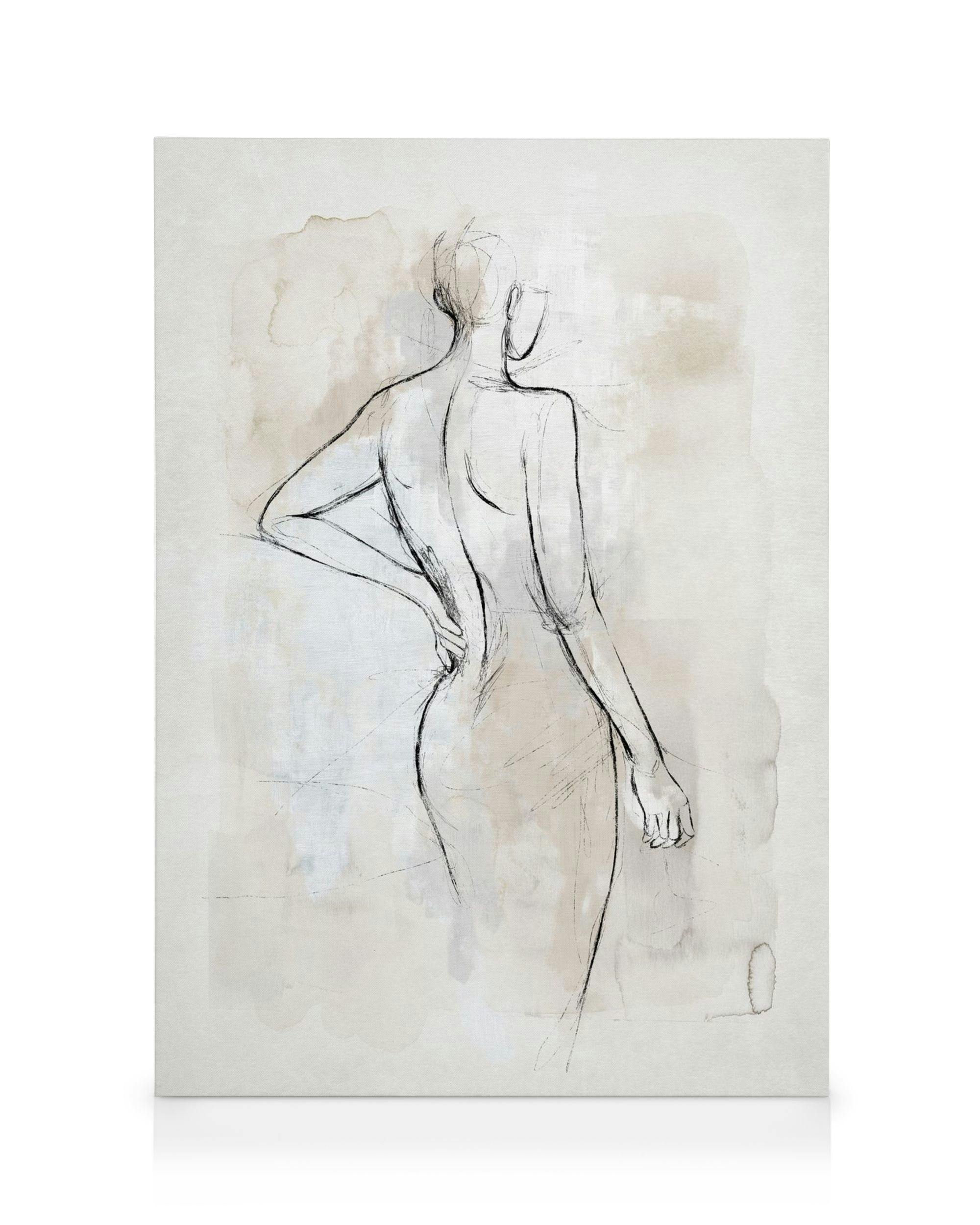 Abstraktní skica ženského těla zezadu, jemné linie na plátně v neutrálních barvách.