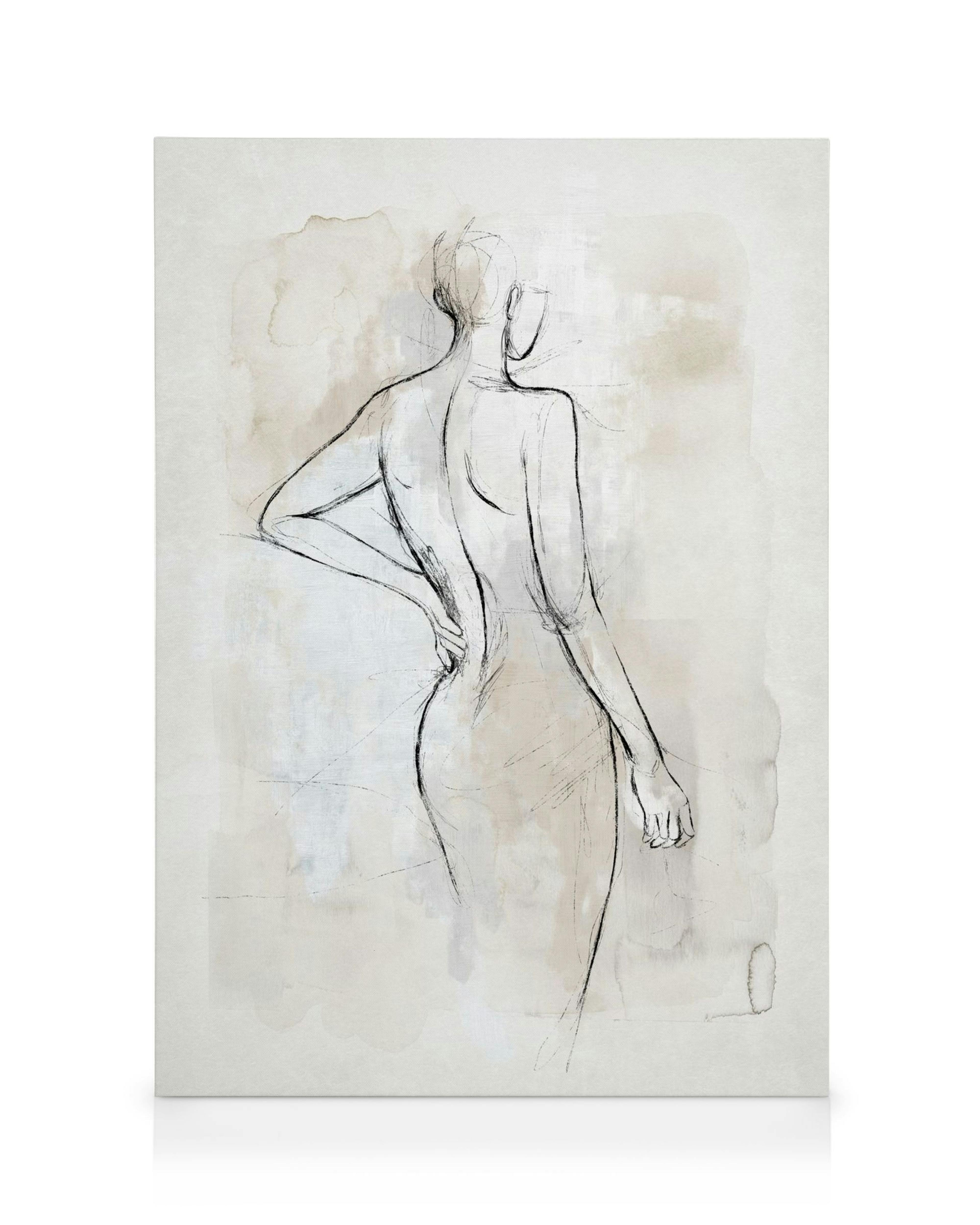 Abstraktní skica ženského těla zezadu, jemné linie na plátně v neutrálních barvách.