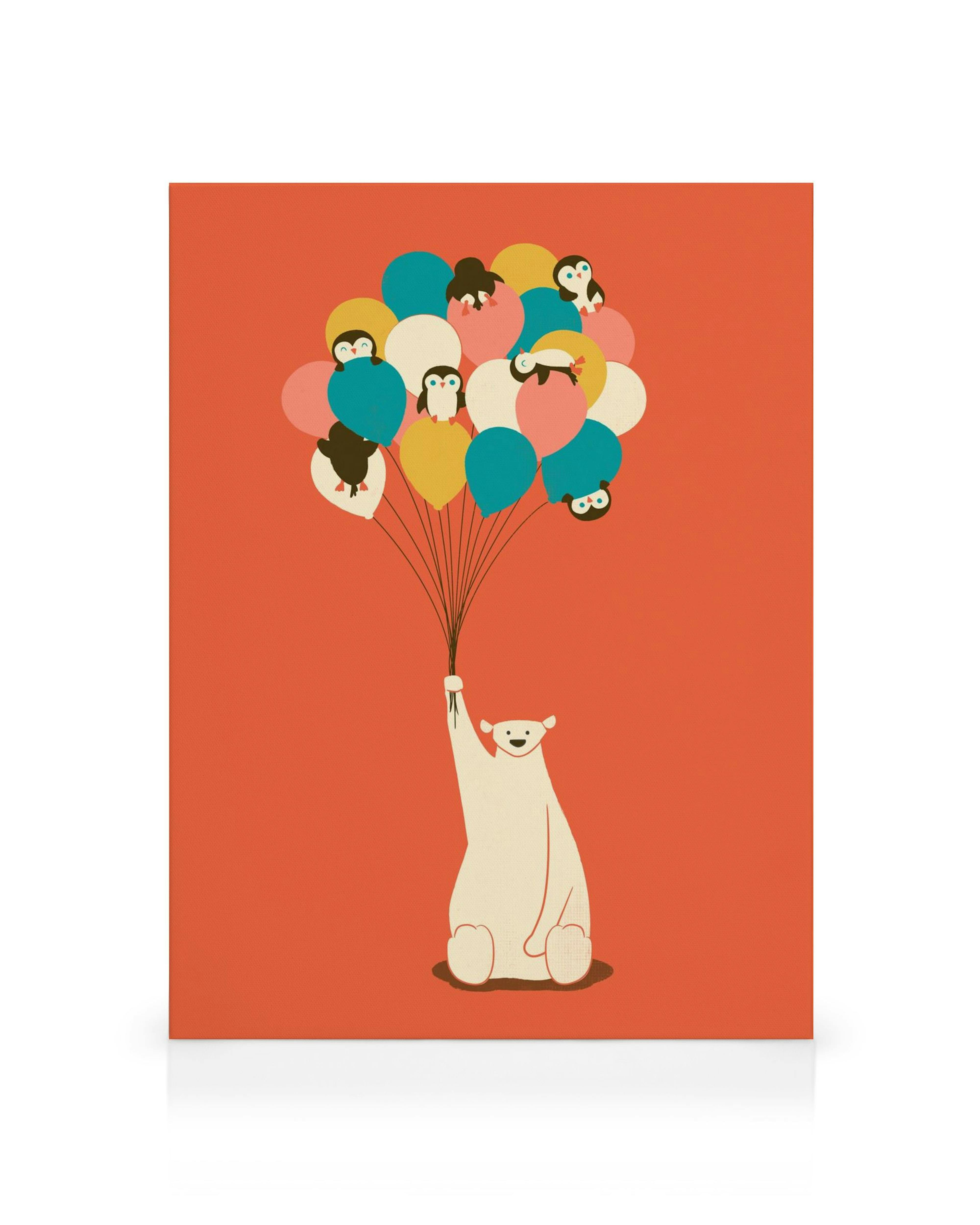 Lerret med hvit bjørn som holder fargerike ballonger med pingviner mot en oransje bakgrunn.