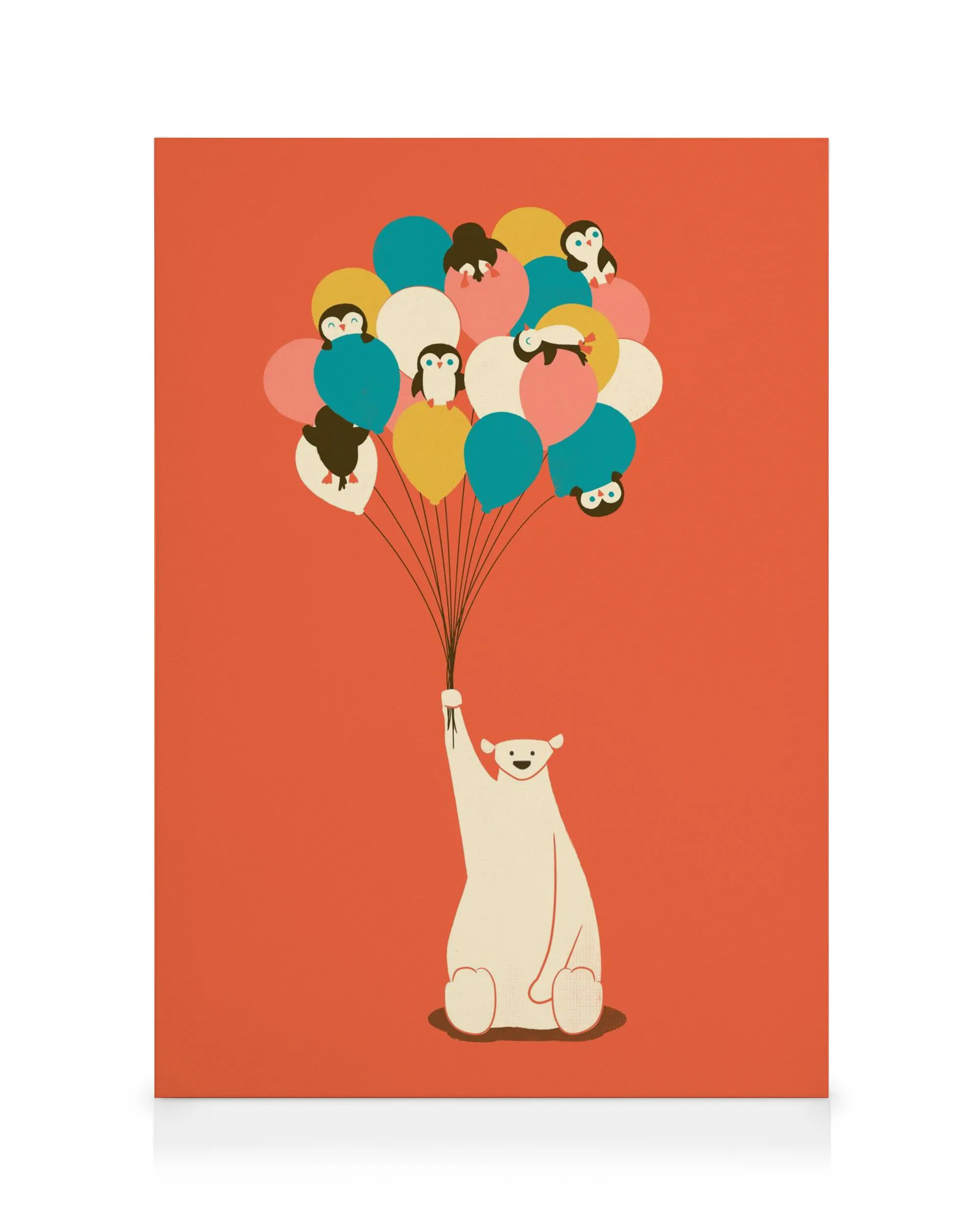 Toile avec un ours blanc tenant des ballons colorés, chacun avec un pingouin amusant, sur un fond rouge vif