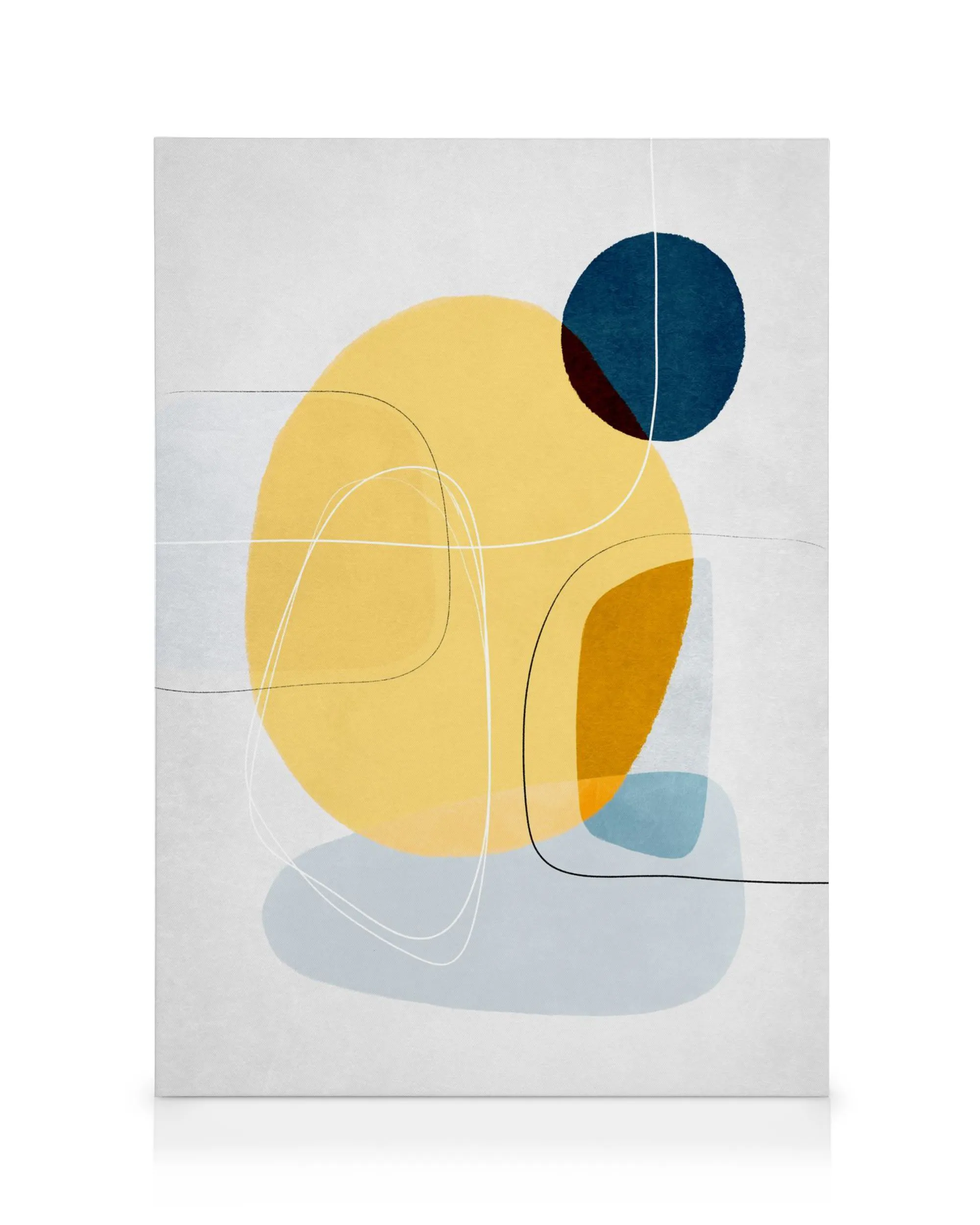 Contemporary abstract canvas print with yellow and dark blue circles, orange, light blue, and grey shapes on a white background.