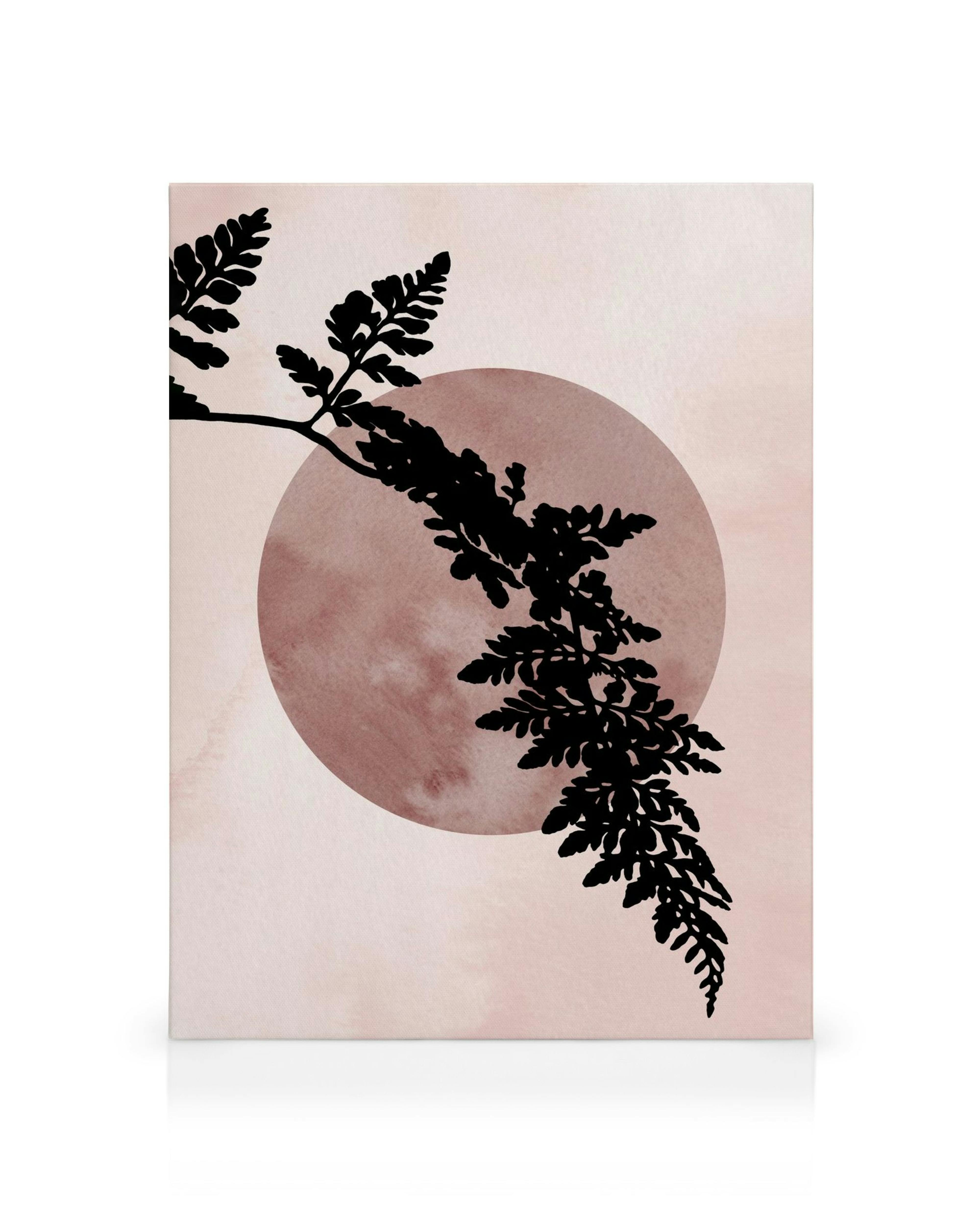 Black fern silhouette on a light pink background with a large faded pink circle, minimalist canvas wall art.