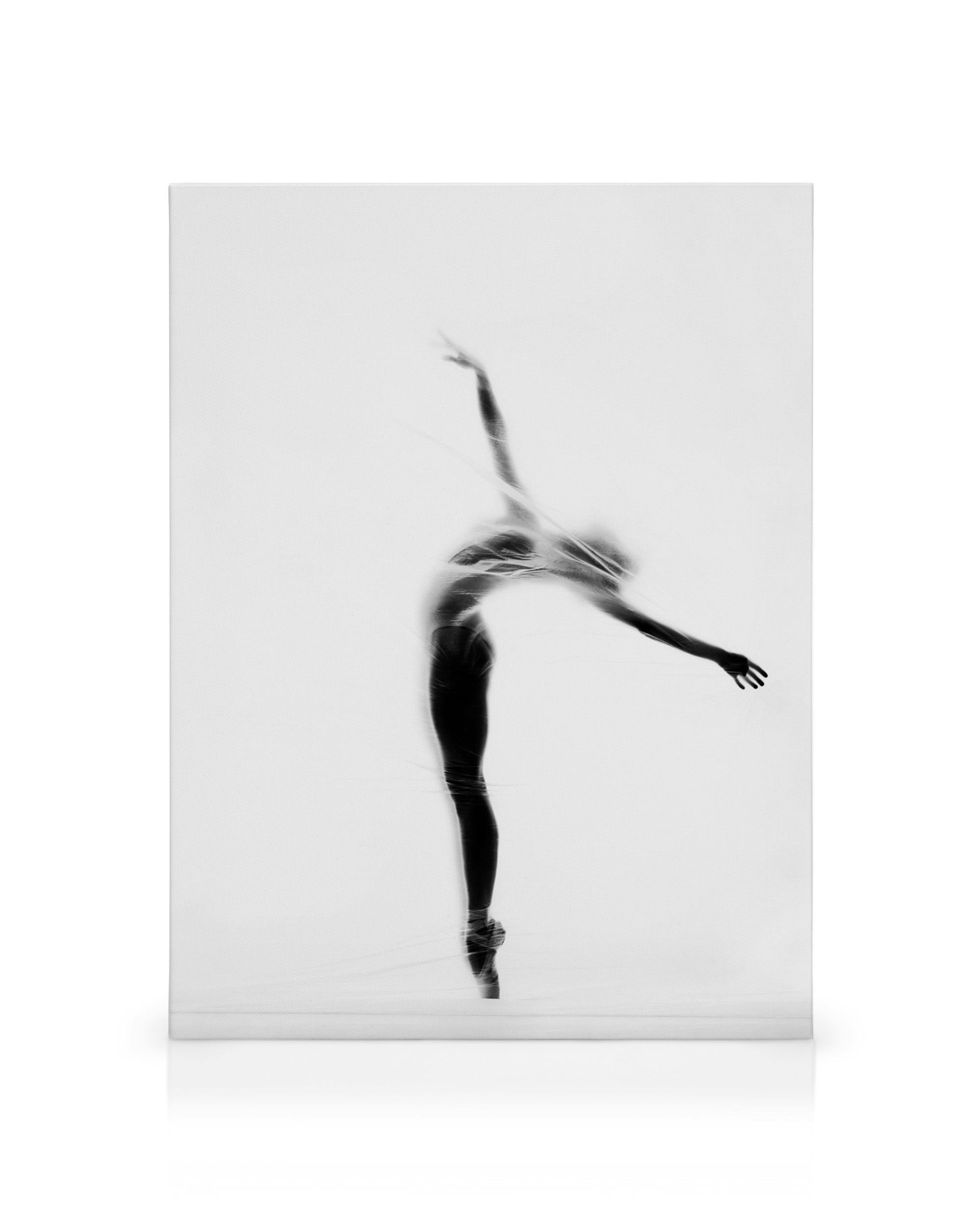 Toile Secret Dancer, photographie noir et blanc dune danseuse en silhouette, capturant le mouvement fluide et la typographie