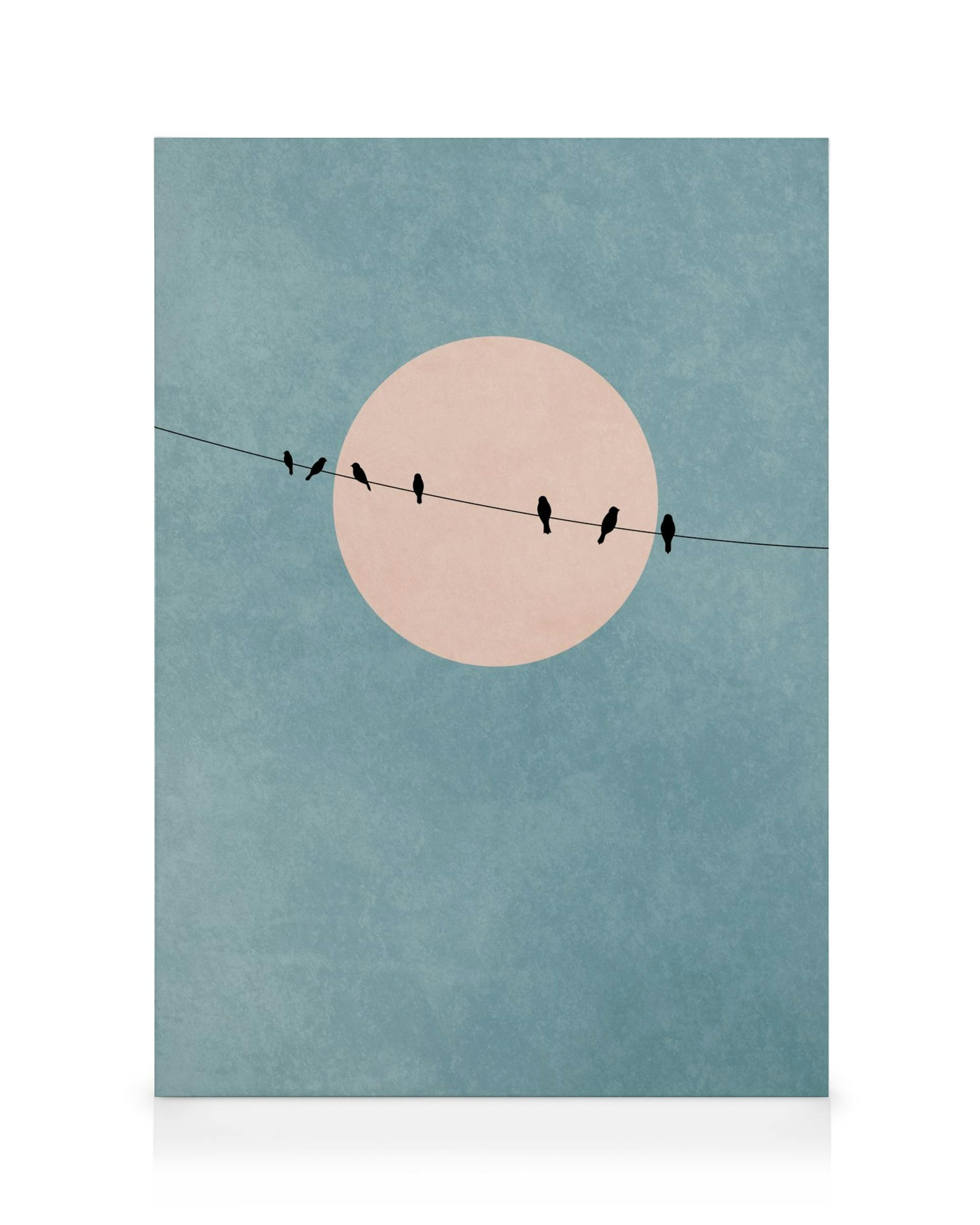 Κουβιστική τέχνη: πουλιά σε καλώδιο μπροστά σε ροζ ήλιο, γαλάζιο φόντο, μινιμαλιστικό τοπίο, αφηρημένη τέχνη