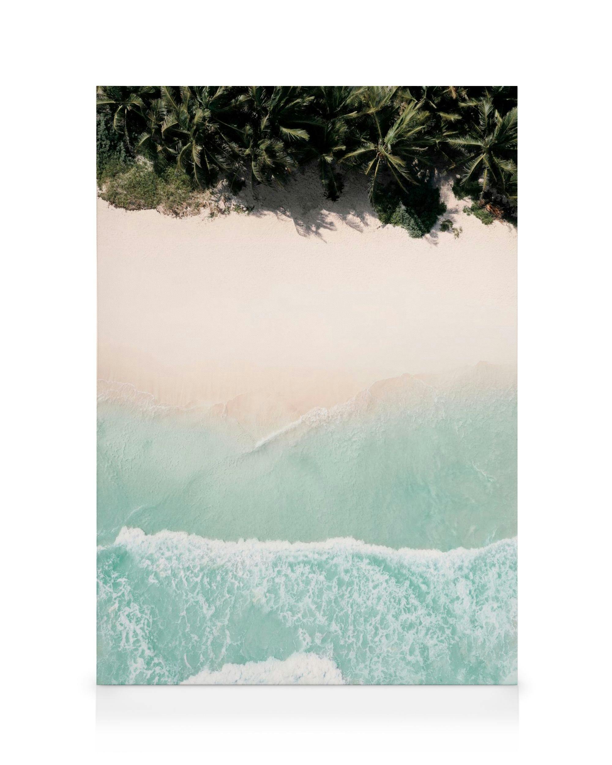 Lerret med tropisk strand, palmer, lys sand og turkist, klart hav. Bølger skyller inn mot kysten.