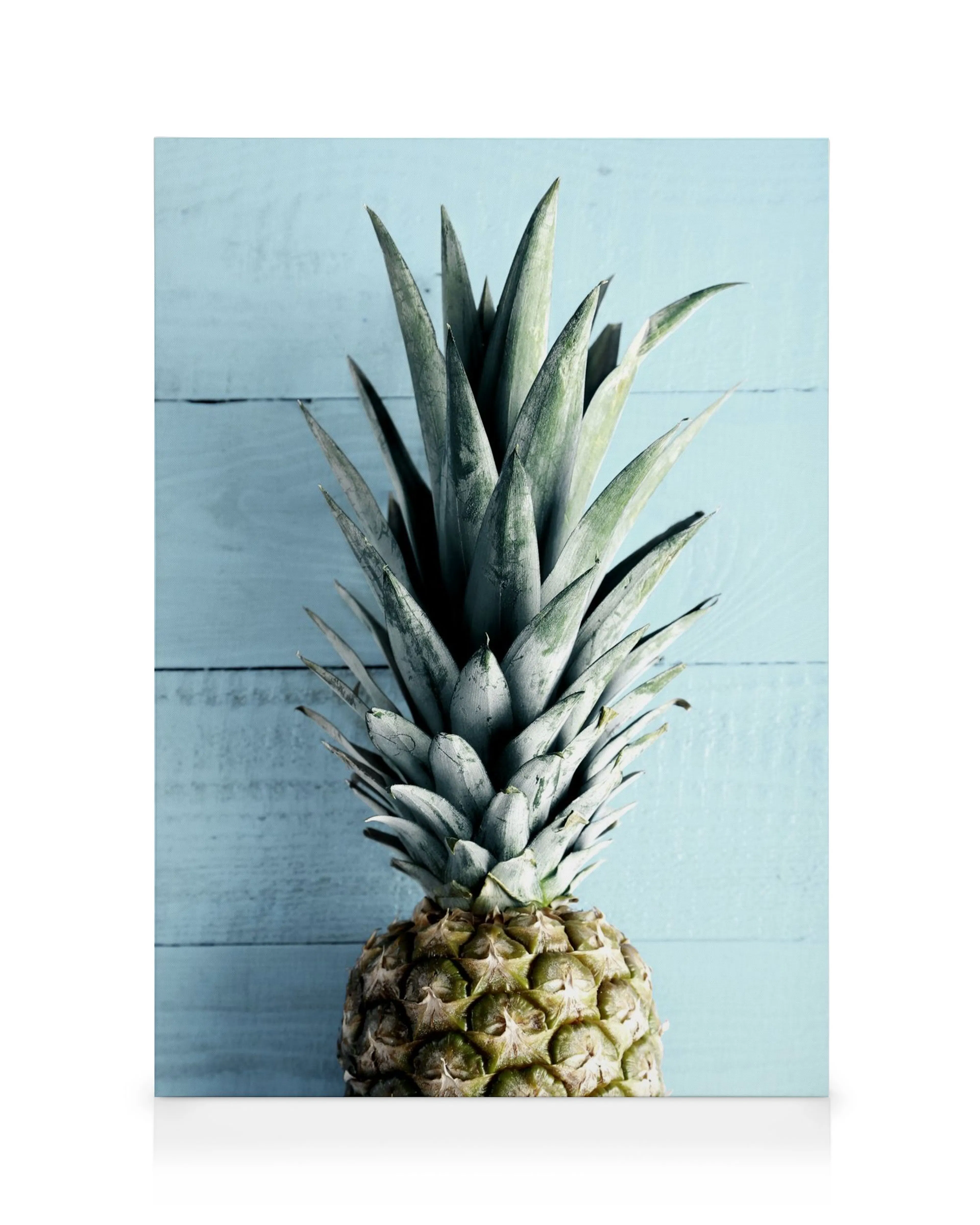 Leinwandbild Ananas mit grünen Blättern und Schale vor hellblauem Hintergrund
