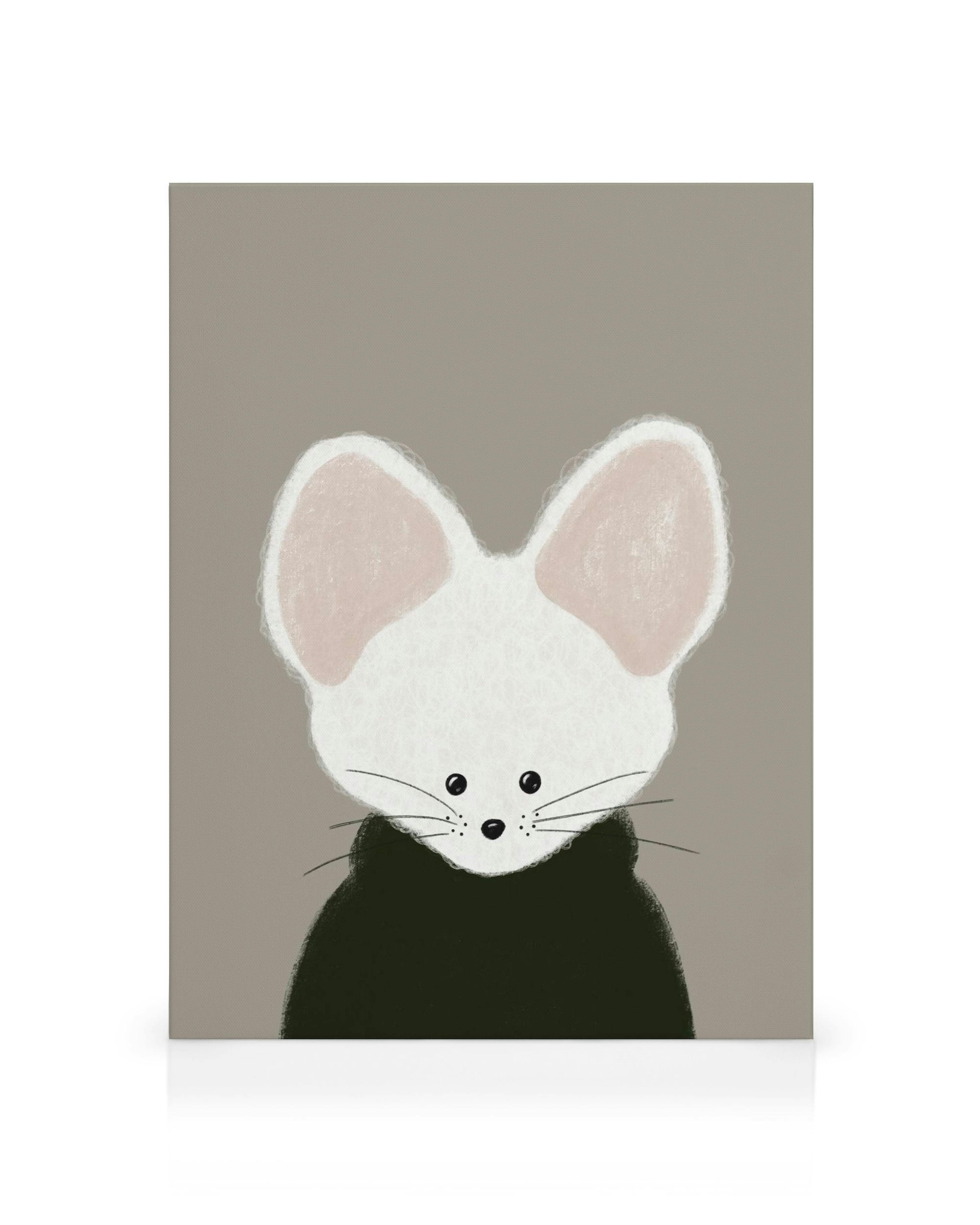Canvas met minimalistische tekening van muizenkop: witte oren, roze binnenkant, zwarte ogen en neus op grijze achtergrond.