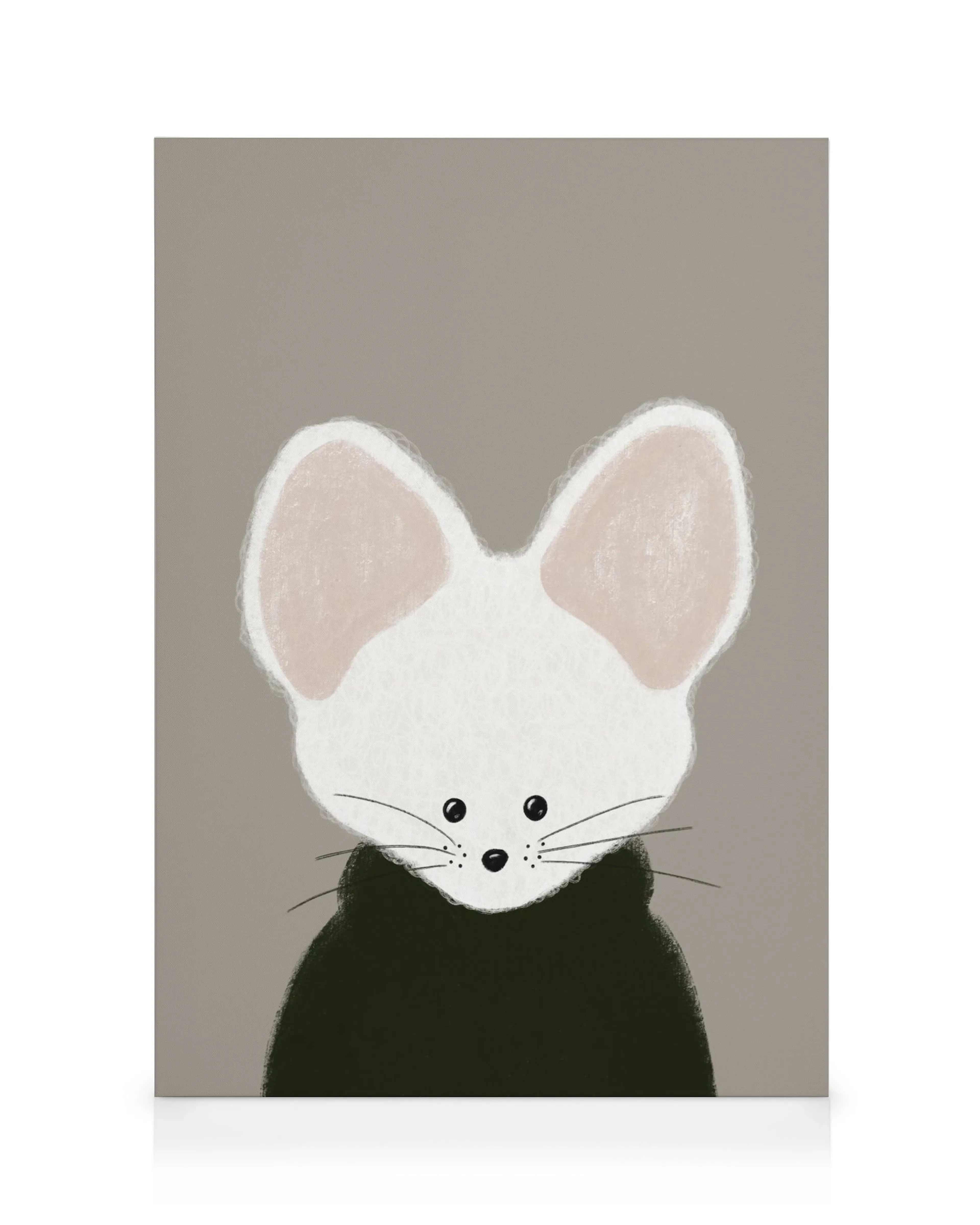 Minimalist mouse head drawing with white ears, pink insides, black eyes, and nose on a grey background, perfect for a nursery.