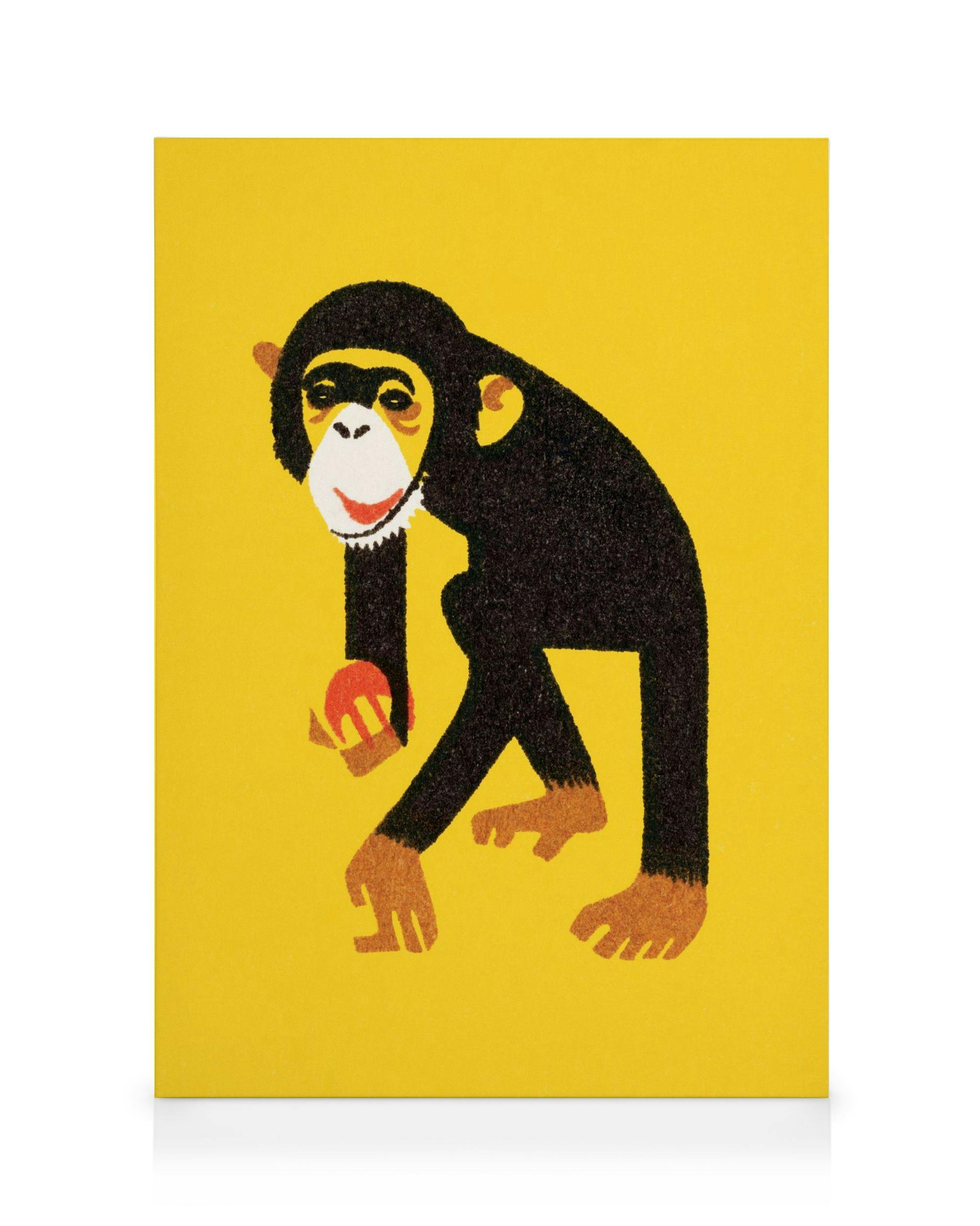 Obraz na płótnie: czarno-brązowa małpa z białą twarzą, trzymająca czerwoną piłkę, na żółtym tle, styl vintage.