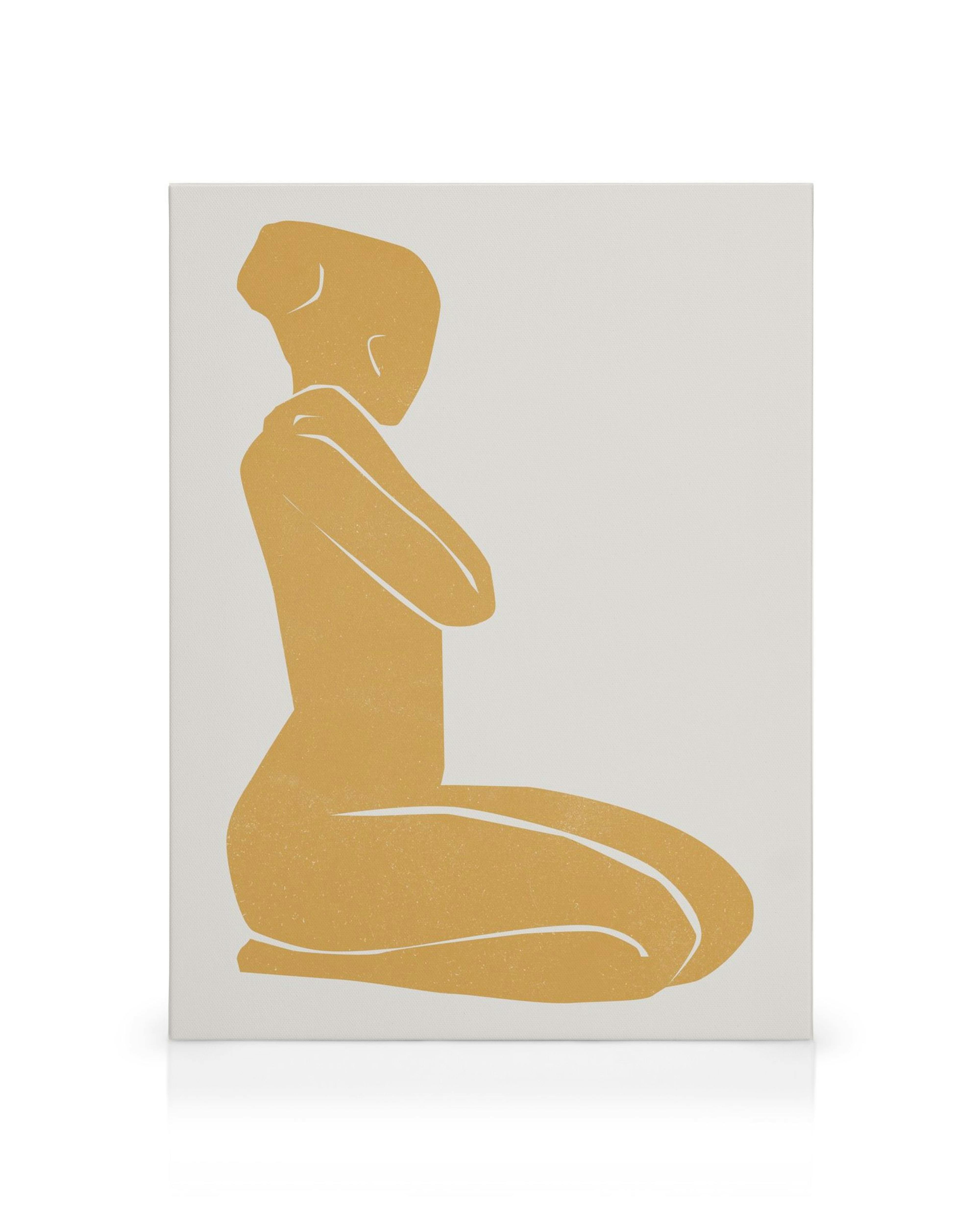 Leinwandbild mit sitzender Figur in Cadmiumgelb, minimalistischer Stil, abstrakte Kunst.