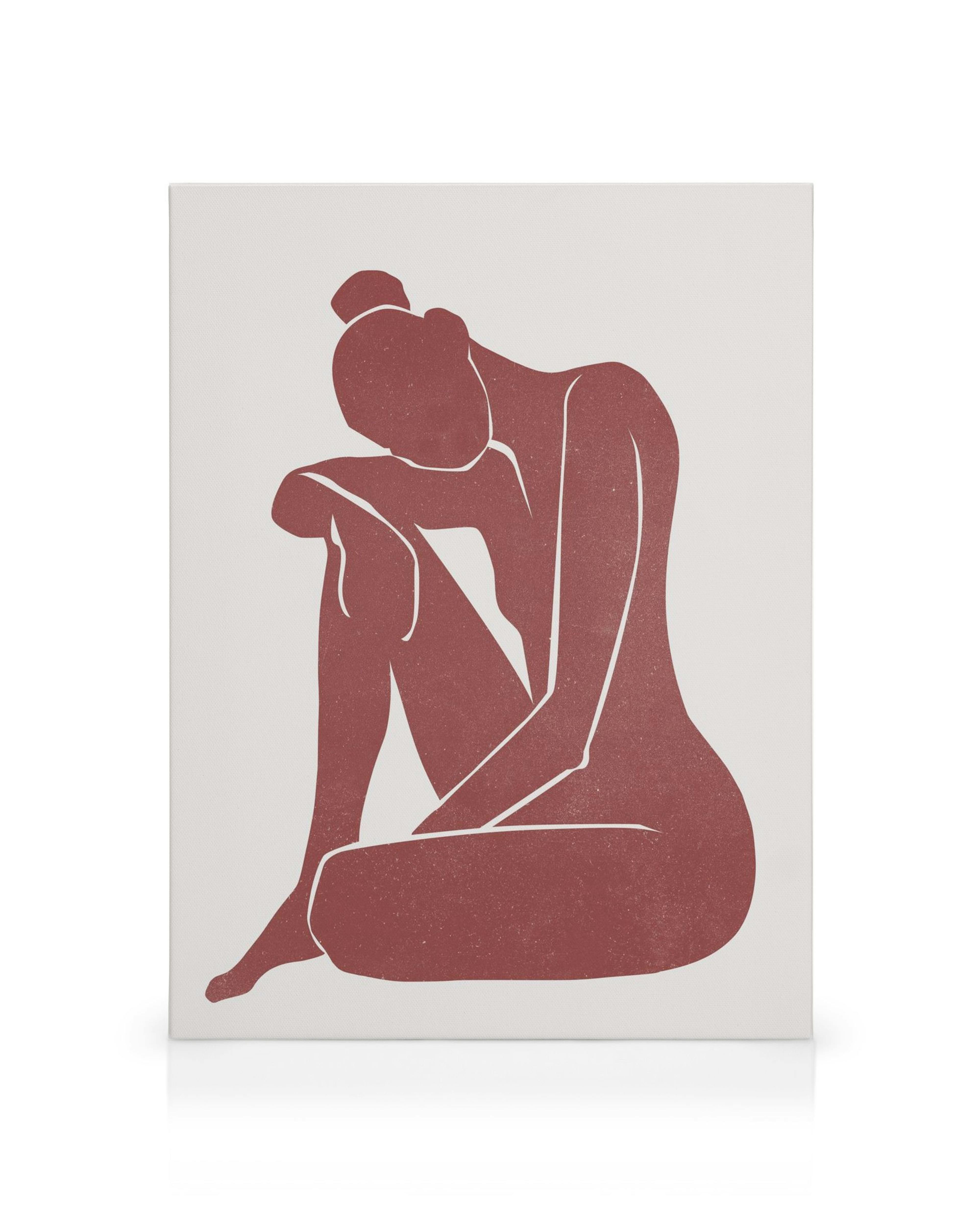 Abstract maroon figure in fetal position on white, canvas print.