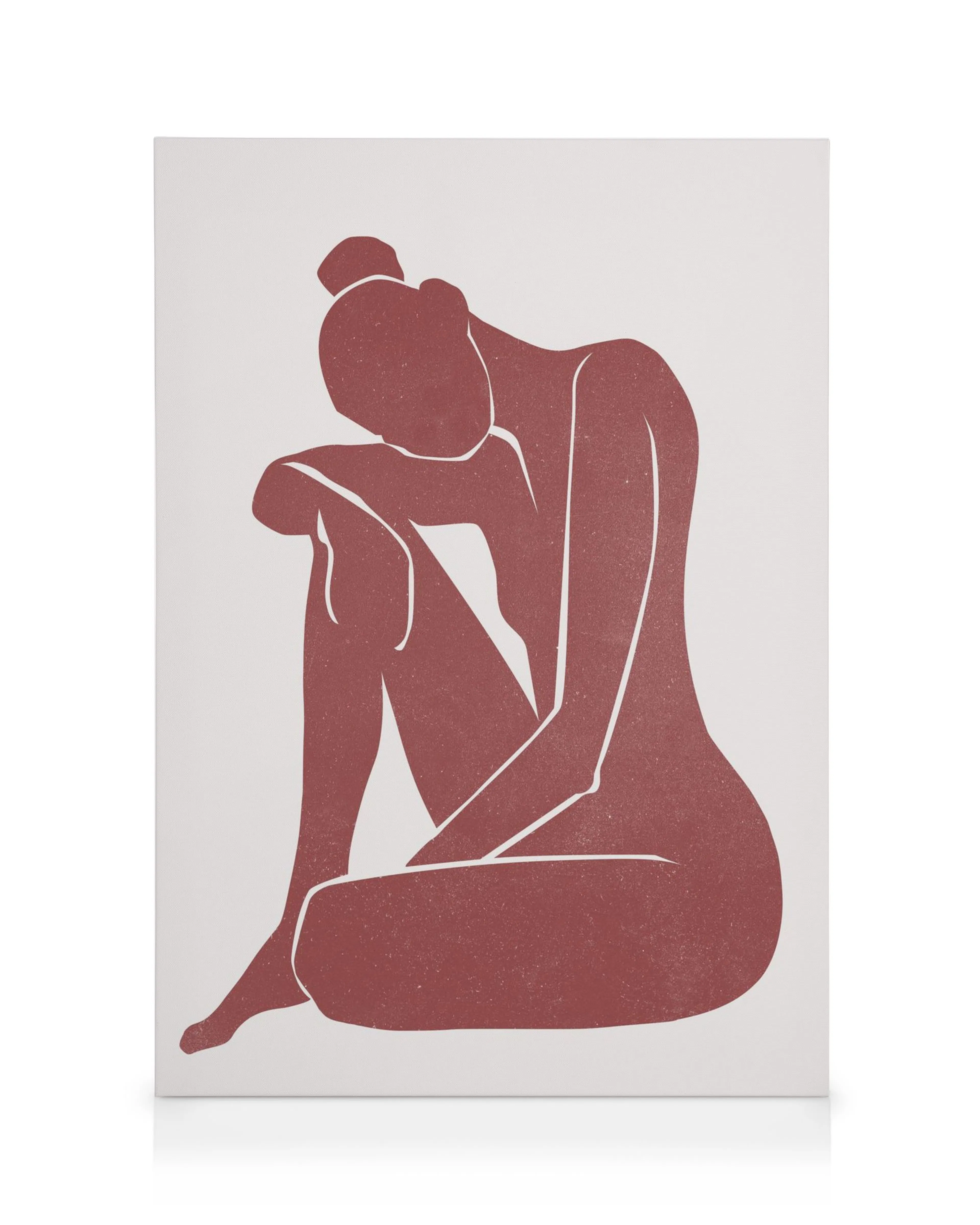 Toile avec une silhouette bordeaux assise, serrant ses genoux, sur fond blanc. Lignes minimalistes et typographie moderne.