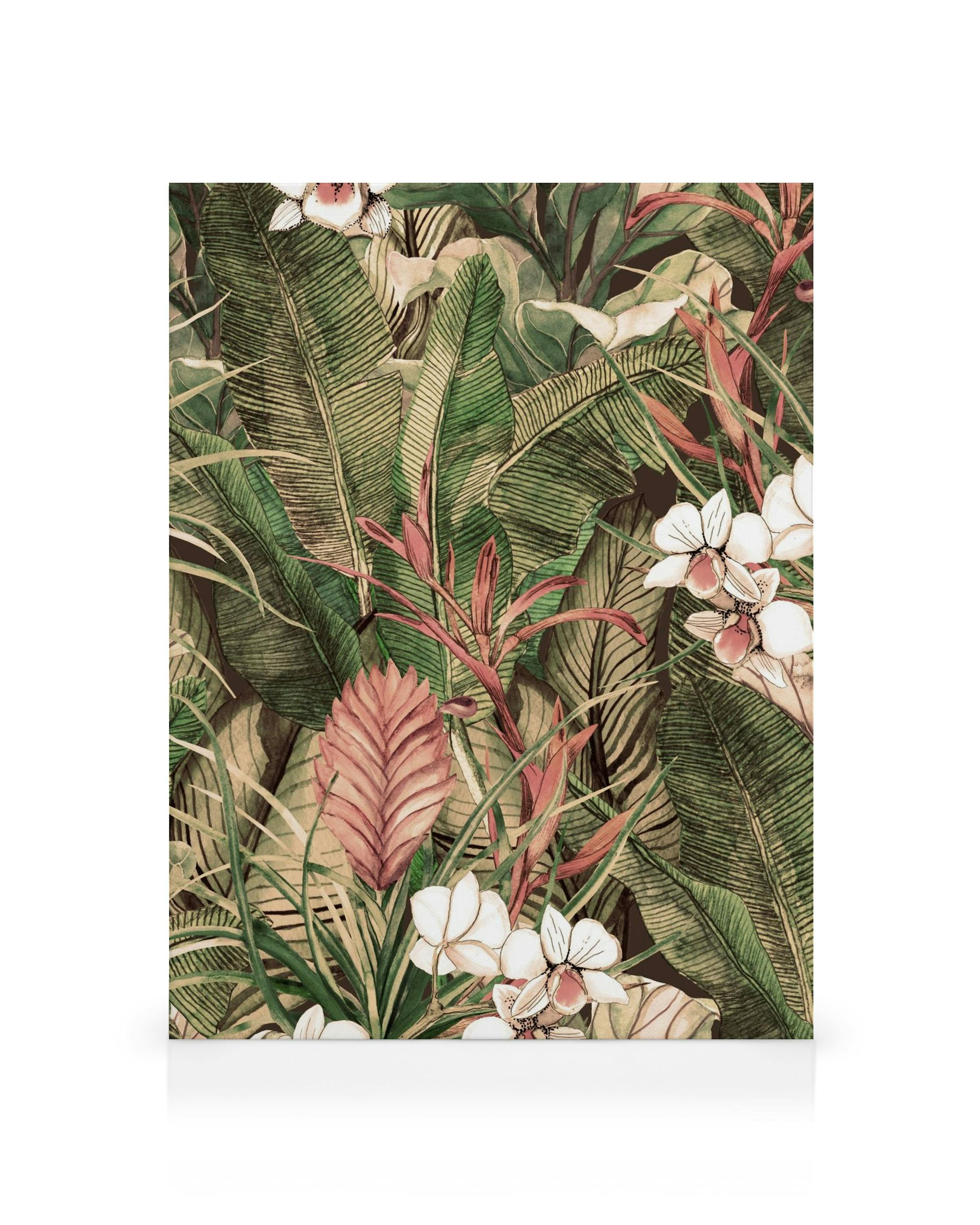 Obraz na płótnie: botaniczny wzór z zielonymi liśćmi, białymi kwiatami i różowymi środkami na jasnym tle