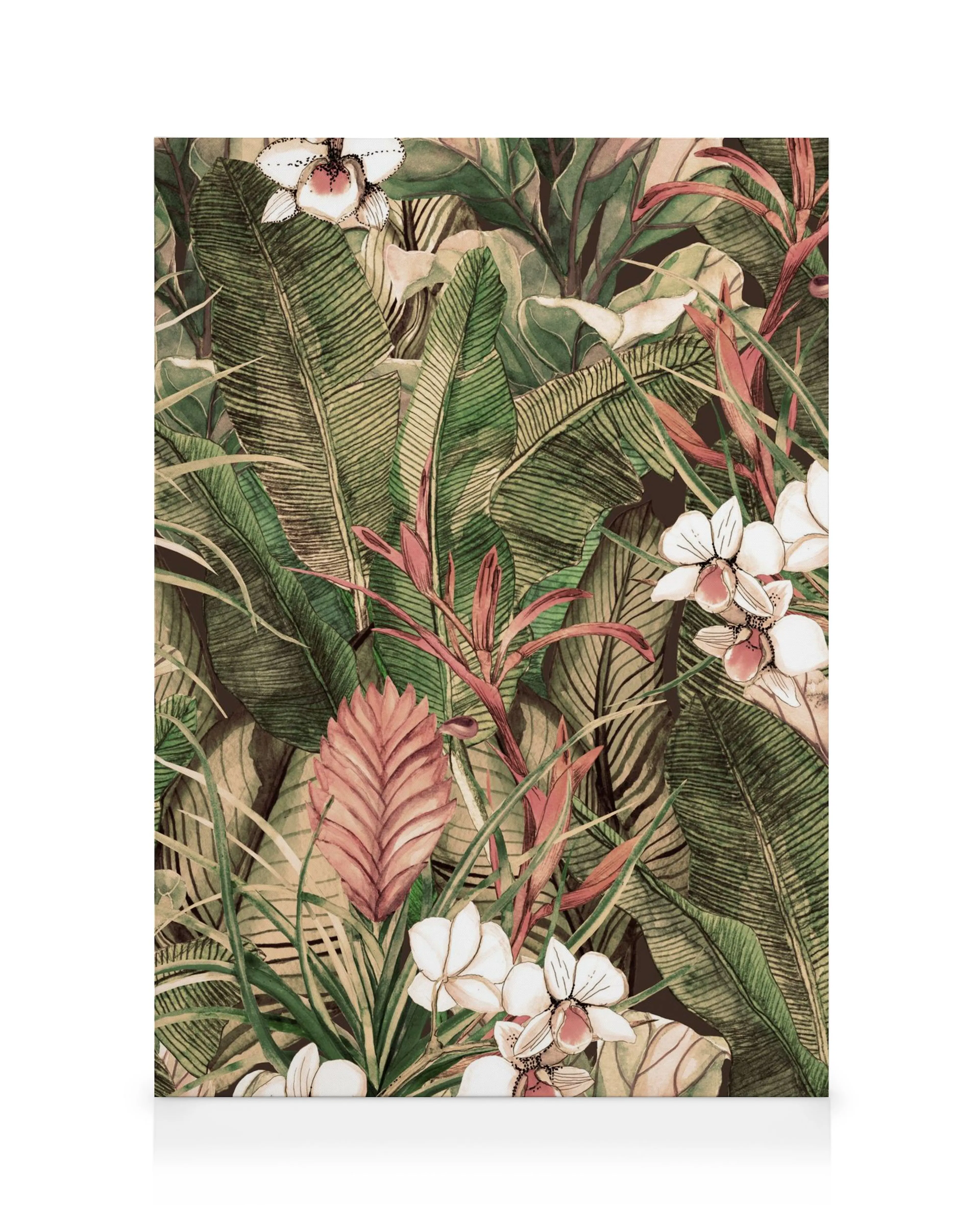 Botaniskt mönster med gröna blad, rosa blommor och vita orkidéer på en mörk bakgrund. Tropisk växtkonst.