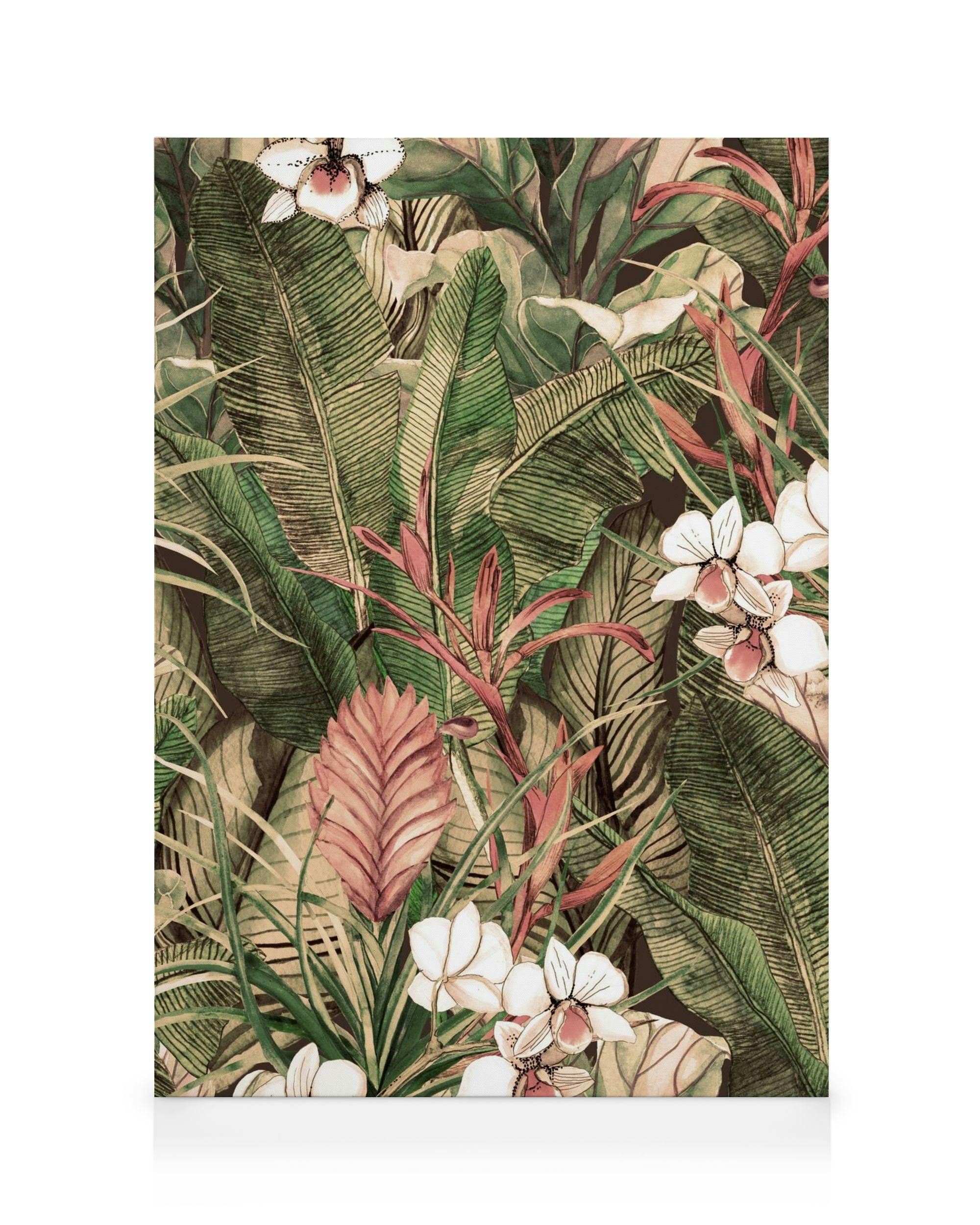 Botanisches Leinwandbild mit tropischen Blättern, Orchideen und roten Ingwerblüten in einem satten, dunklen Muster.