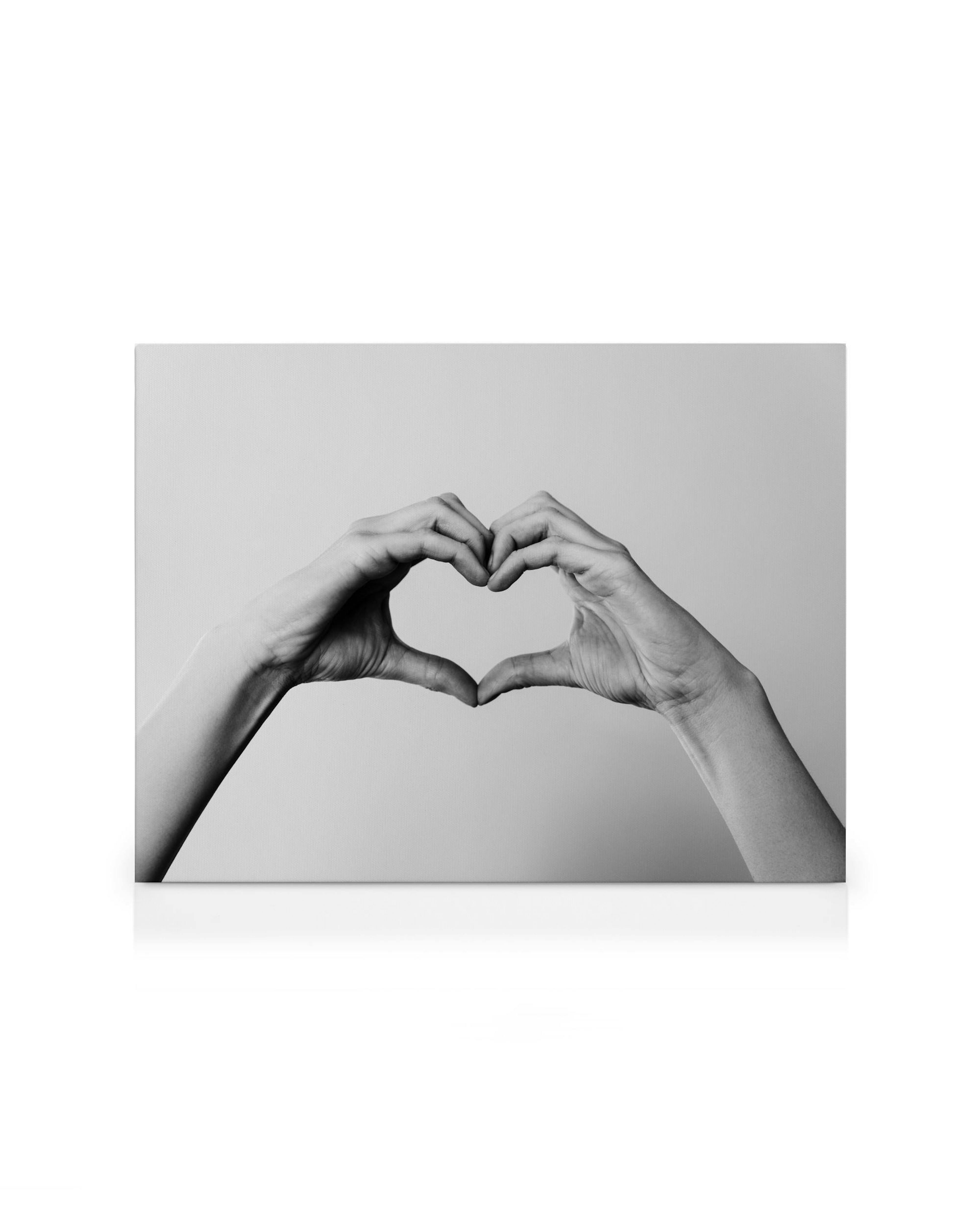 Zwart-wit canvas met twee handen die een hartvorm maken op een witte achtergrond, wat liefde en genegenheid symboliseert.