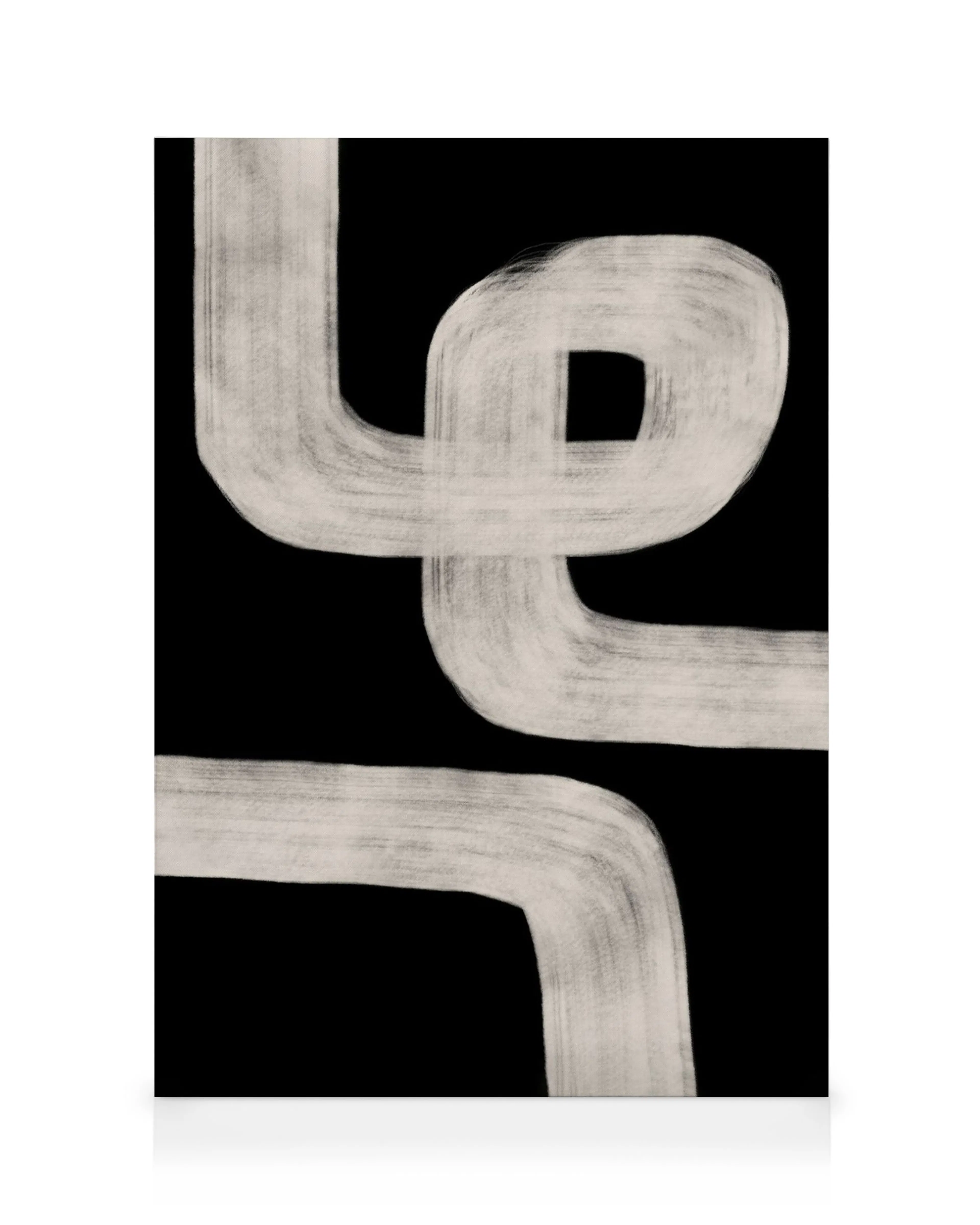 Leinwandbild Art of Lines No1: Schwarzes Design mit dicken, geschwungenen weißen Linien, die sich überlappen.