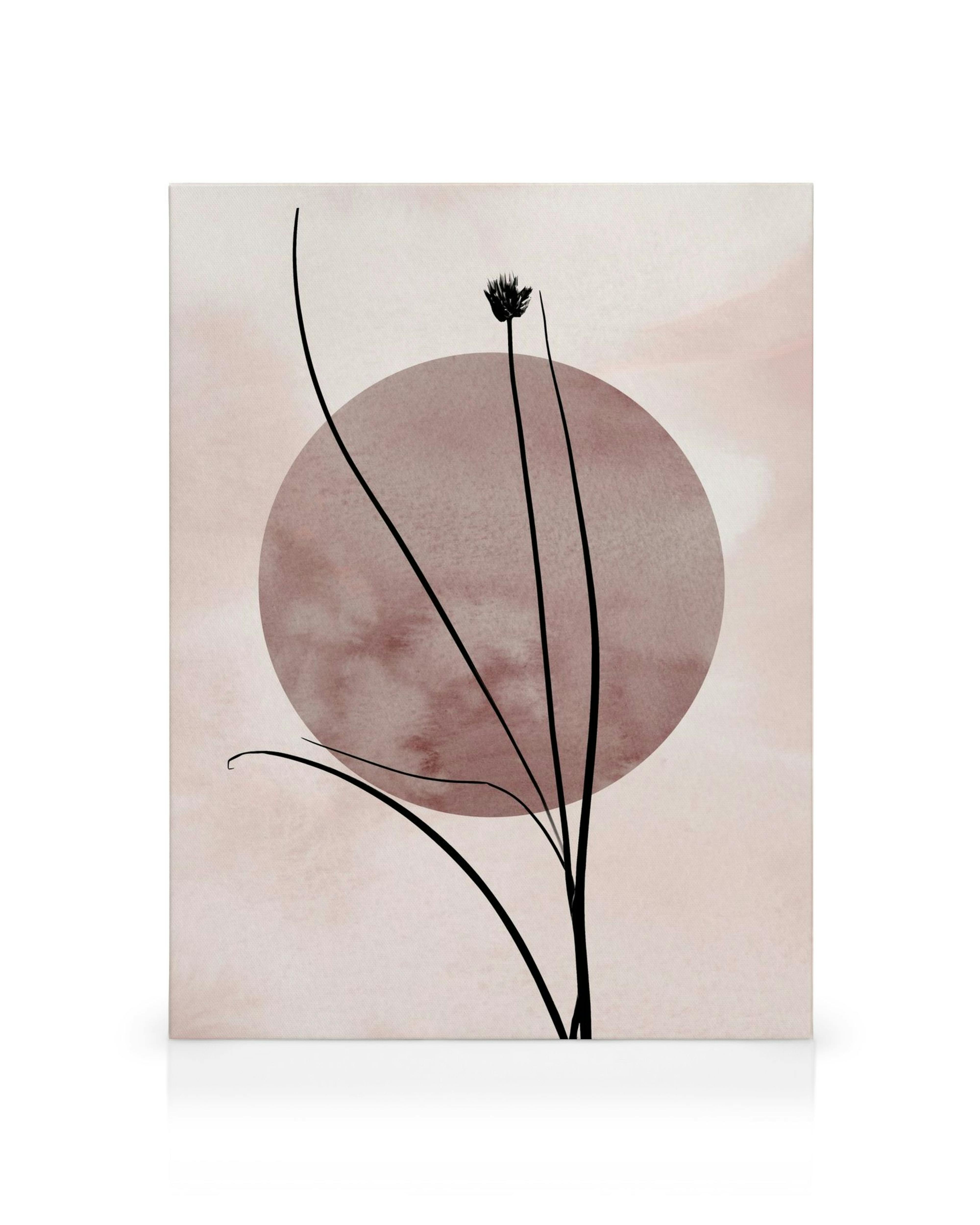 Καμβάς με μαύρες σιλουέτες φυτών μπροστά σε ροζ κύκλο και φόντο σε αποχρώσεις του ροζ