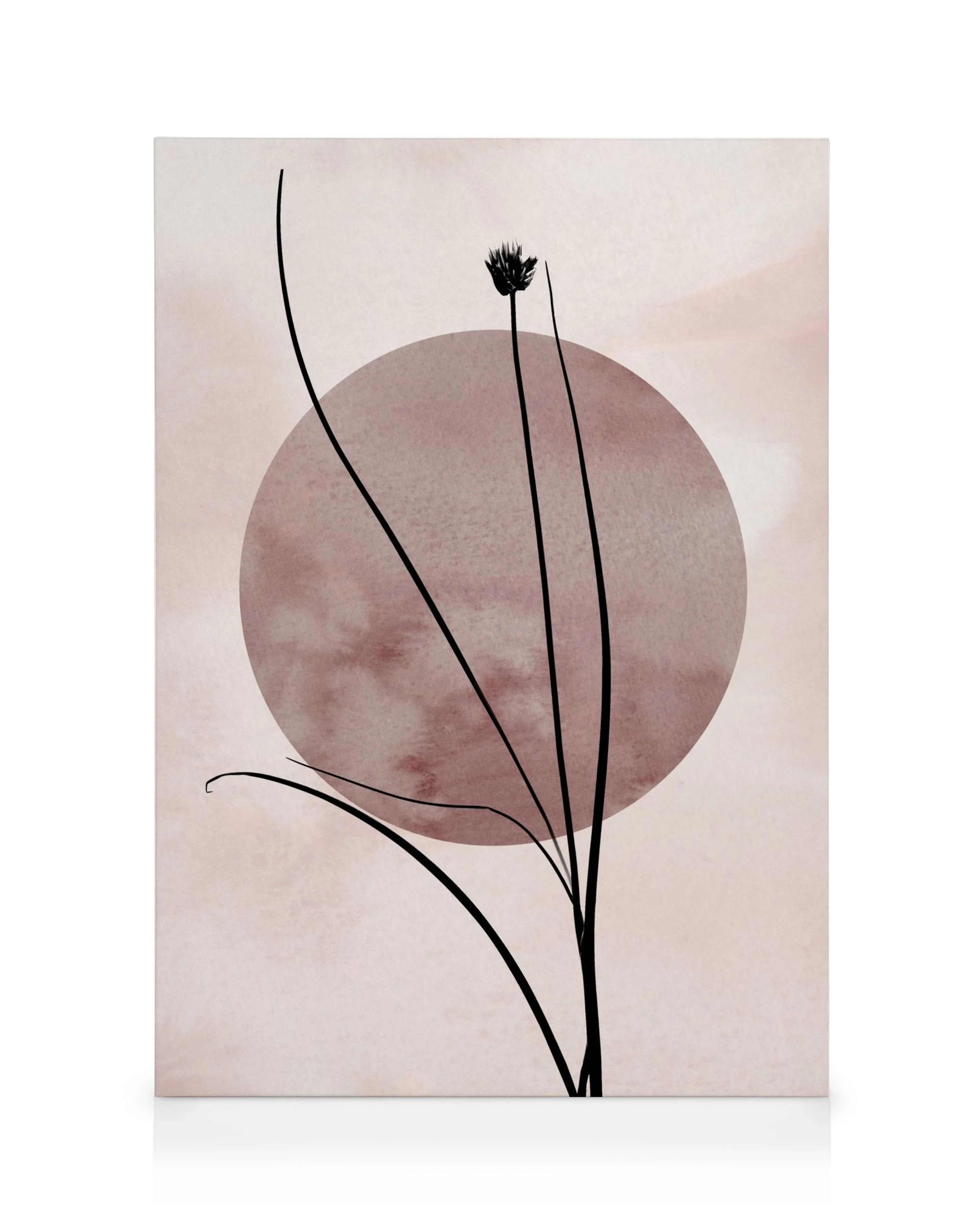 Lienzo minimalista con círculo abstracto marrón acuarela y silueta floral negra sobre fondo rosa claro.